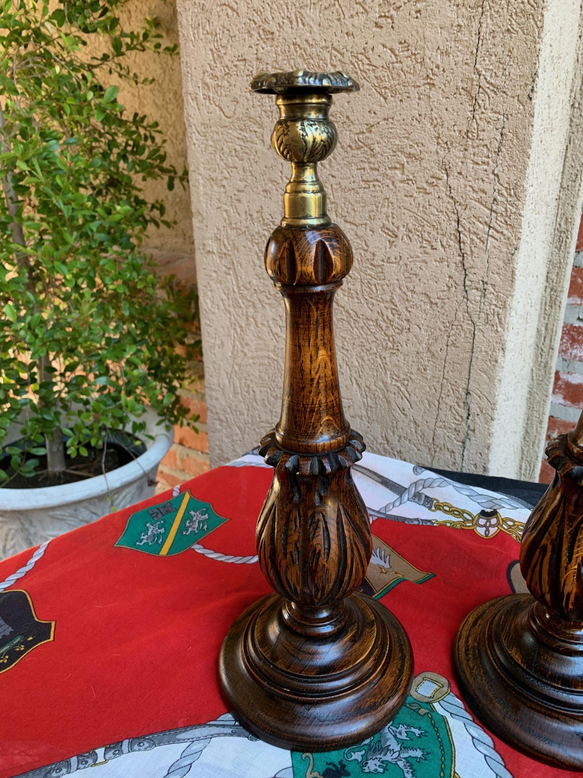 Pair of Antique English Carved Tiger Oak Candlesticks Candleholder Brass Thistle 11