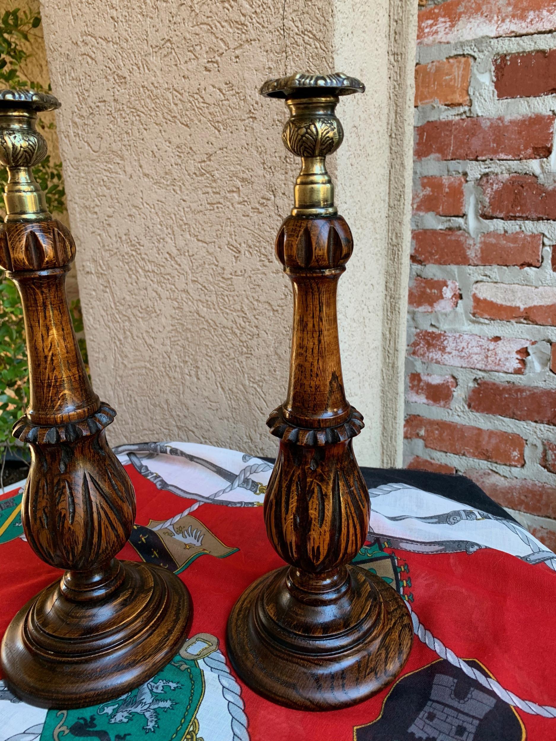European Pair of Antique English Carved Tiger Oak Candlesticks Candleholder Brass Thistle