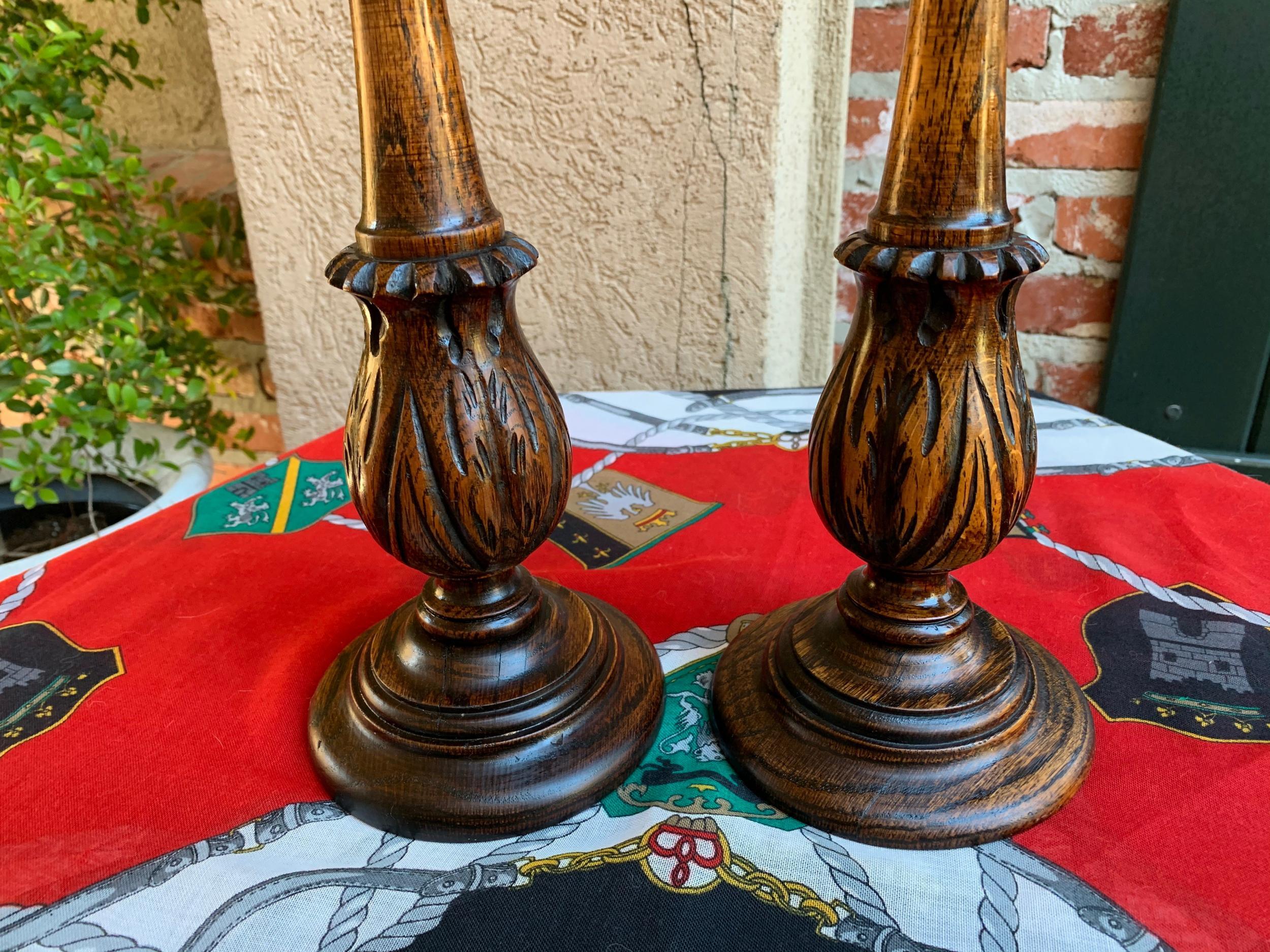 Pair of Antique English Carved Tiger Oak Candlesticks Candleholder Brass Thistle 1
