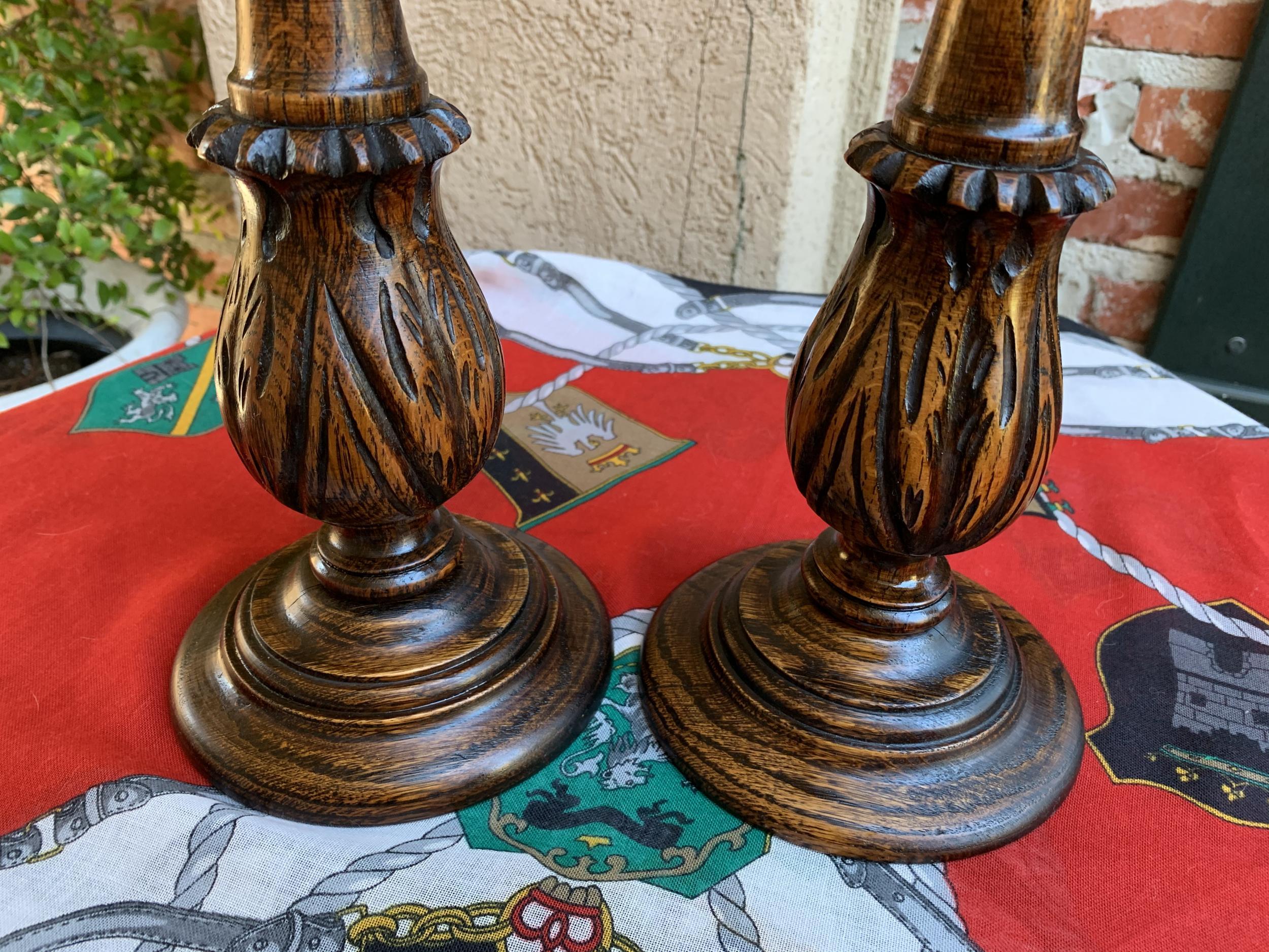Pair of Antique English Carved Tiger Oak Candlesticks Candleholder Brass Thistle 2