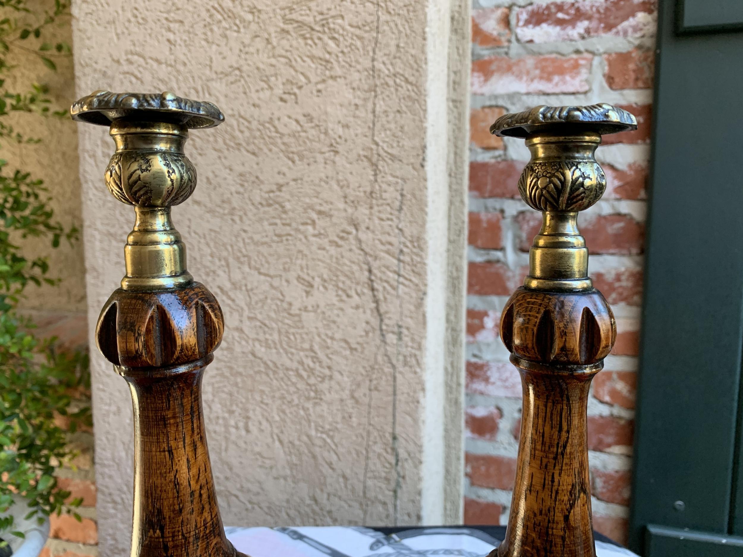 Pair of Antique English Carved Tiger Oak Candlesticks Candleholder Brass Thistle 3