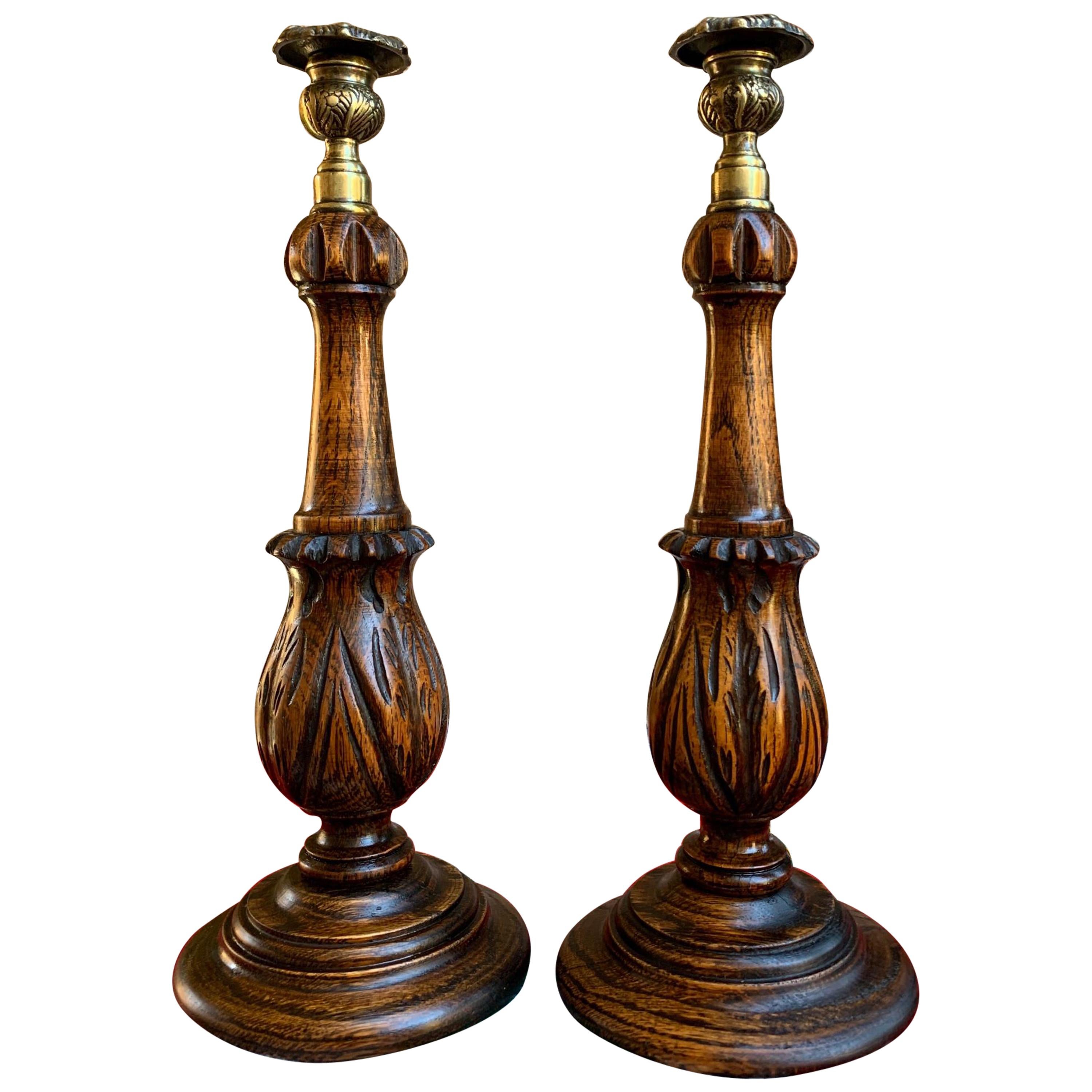 Pair of Antique English Carved Tiger Oak Candlesticks Candleholder Brass Thistle