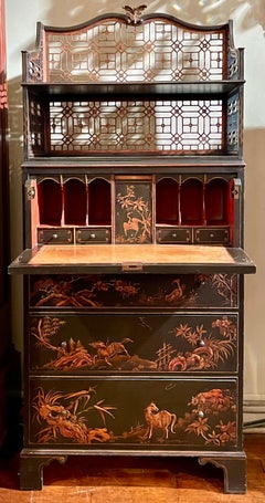 Pair Antique English Chinoiserie Black Lacquer Book-Cases with Desks, Circa 1890