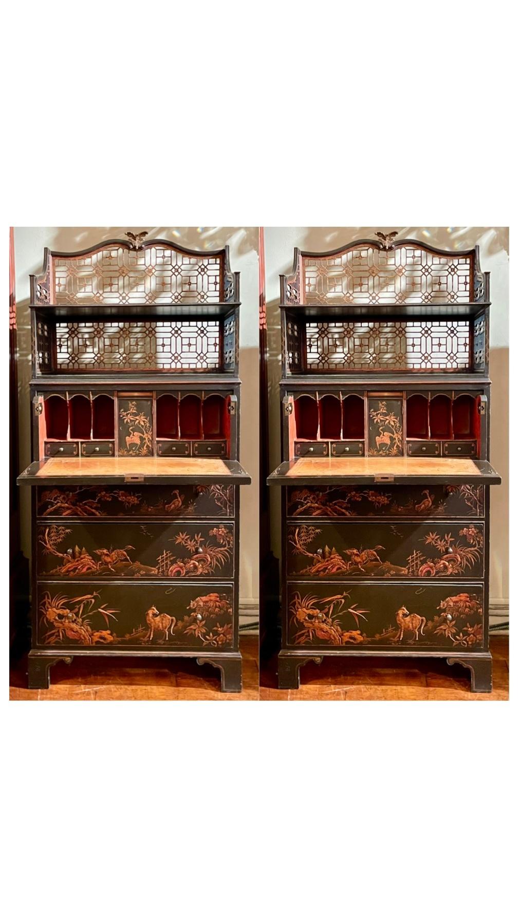 Pair Antique English Chinoiserie Black Lacquer Book-Cases with Desks, Circa 1890