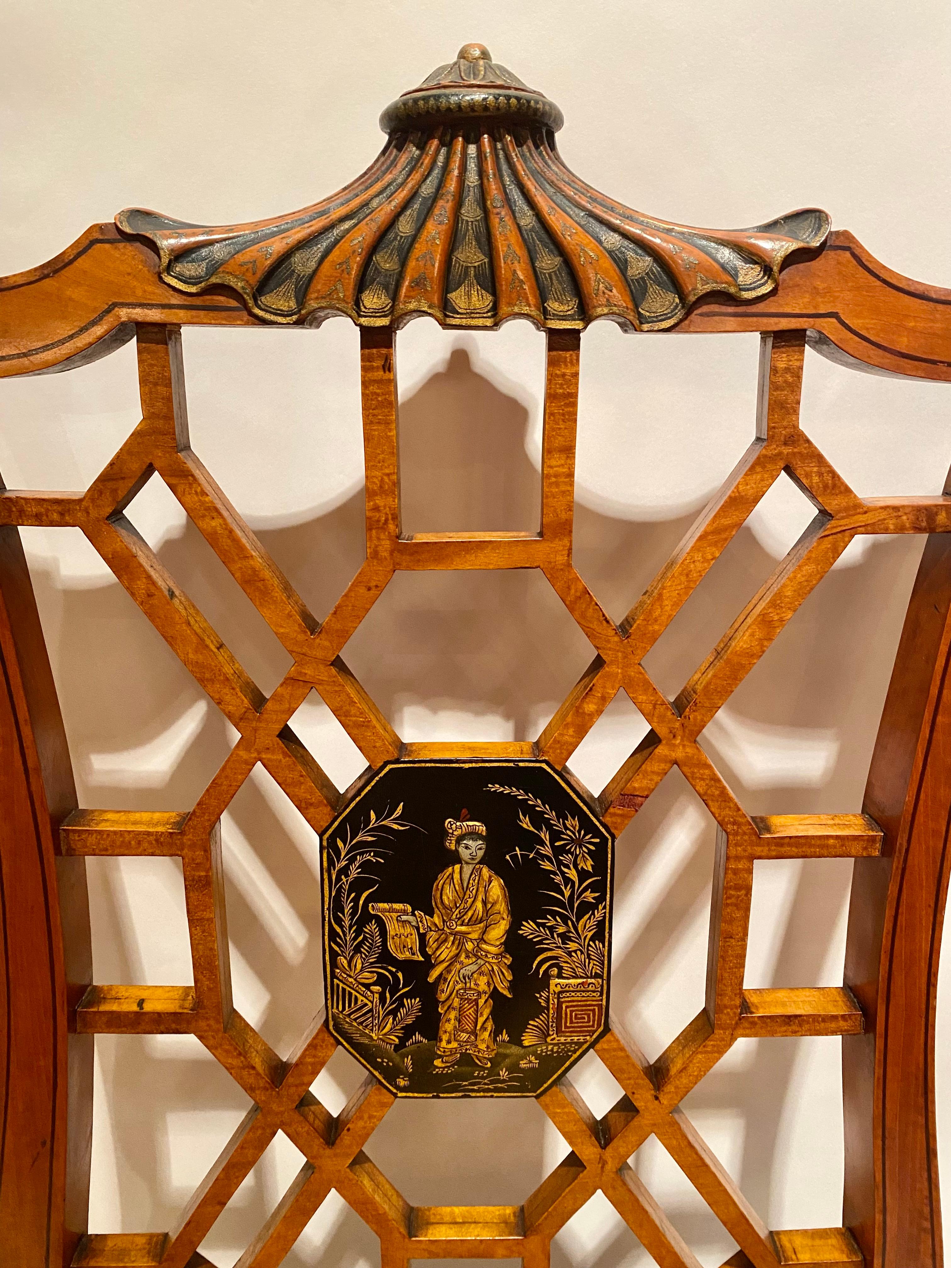 Edwardian Pair Antique English Chinoiserie Lacquer Detail Satinwood Side Chairs, Ca. 1900