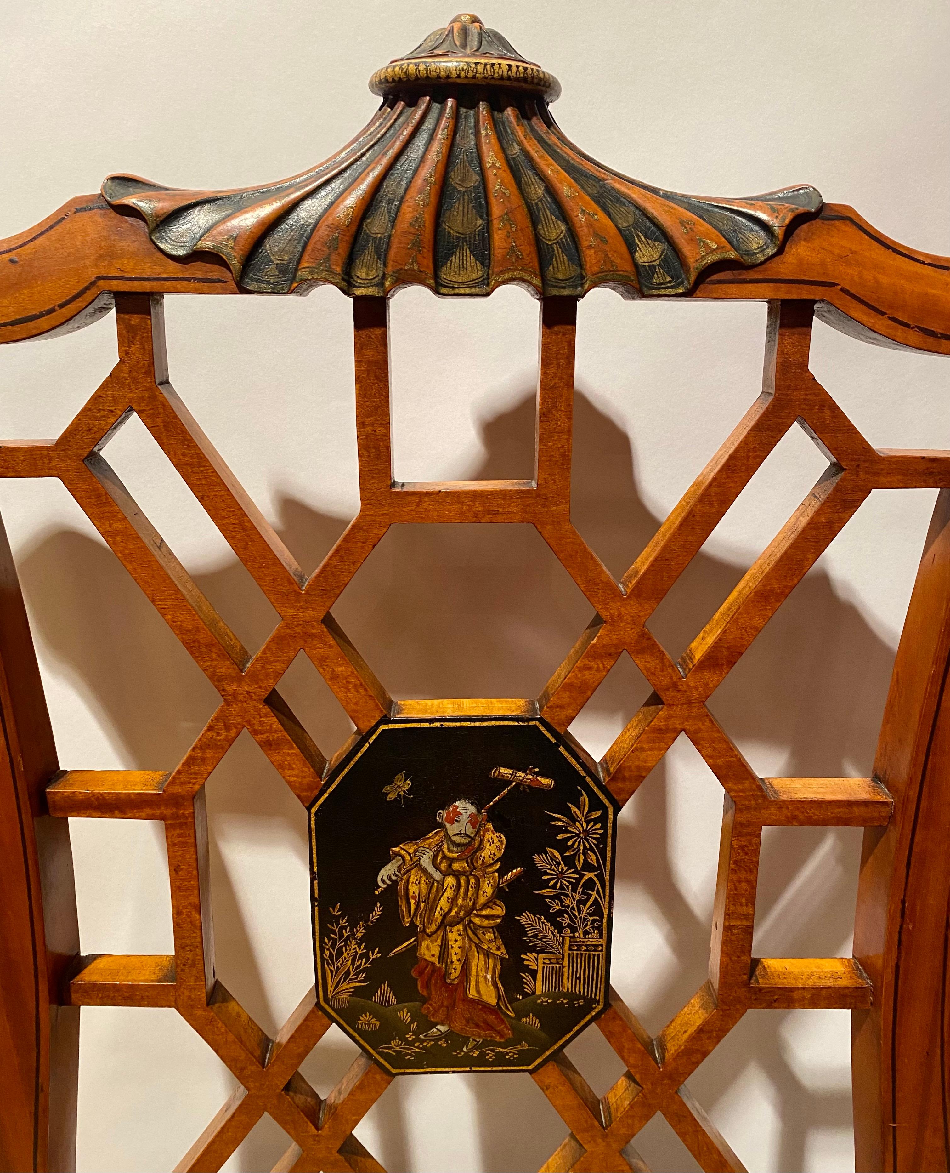 20th Century Pair Antique English Chinoiserie Lacquer Detail Satinwood Side Chairs, Ca. 1900