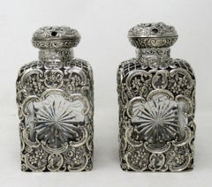Pair Antique English Crystal Sterling Silver Scent Perfum Bottles William Comyns
