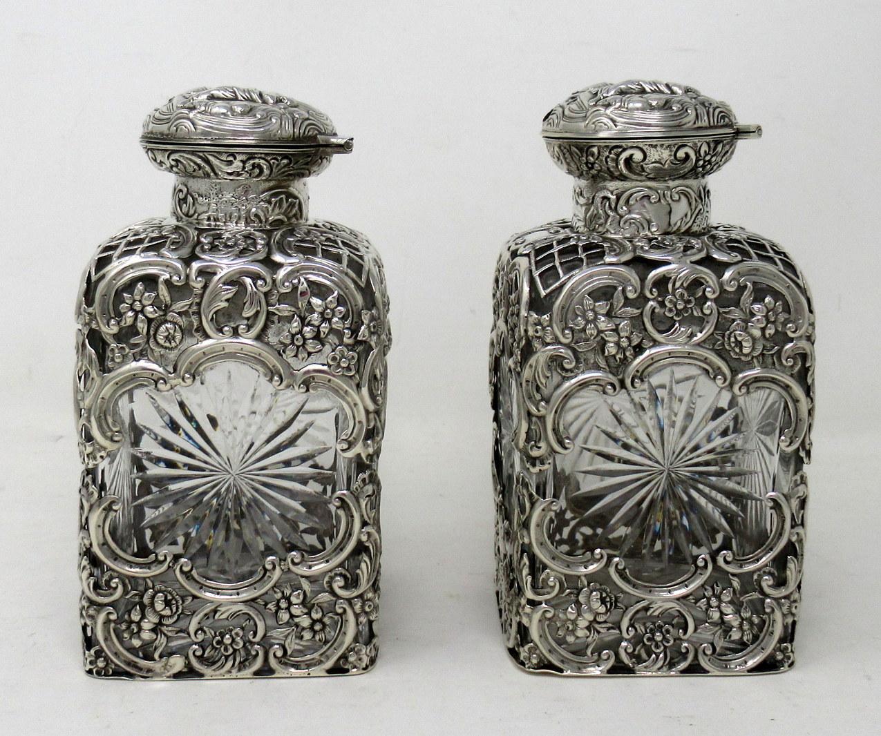 Victorian Pair Antique English Crystal Sterling Silver Scent Perfum Bottles William Comyns For Sale