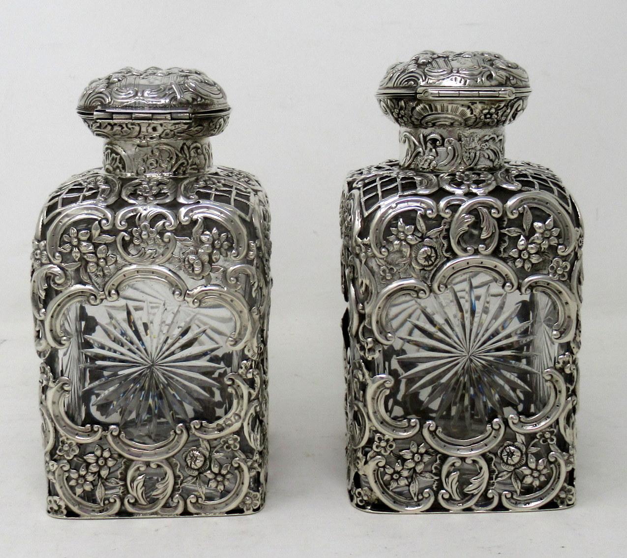 Hand-Carved Pair Antique English Crystal Sterling Silver Scent Perfum Bottles William Comyns For Sale