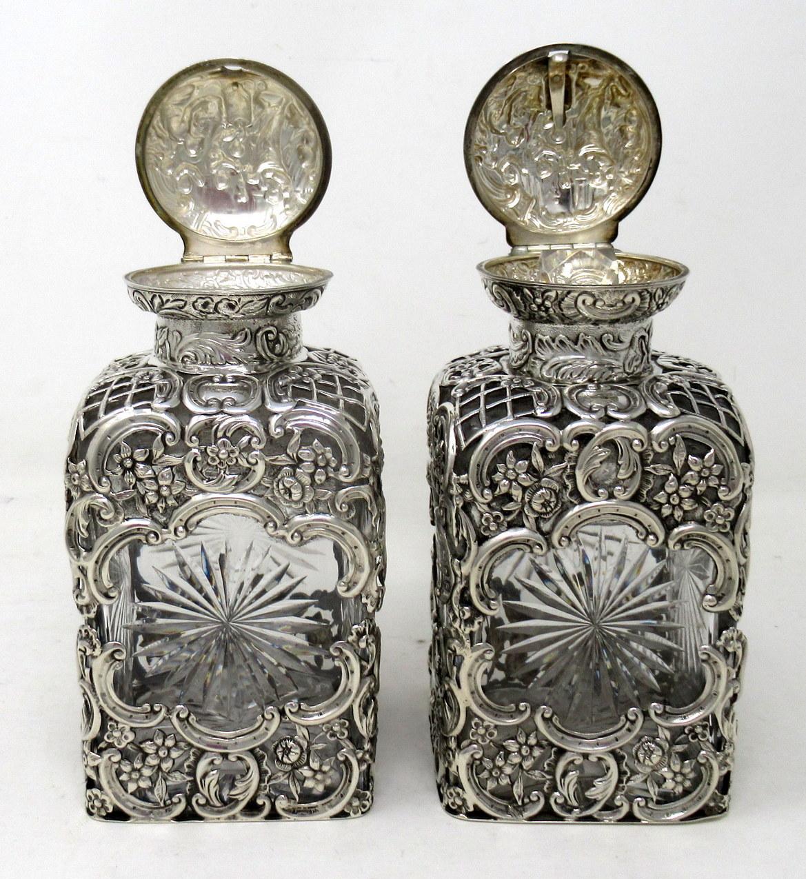 Hand-Carved Pair Antique English Crystal Sterling Silver Scent Perfum Bottles William Comyns For Sale