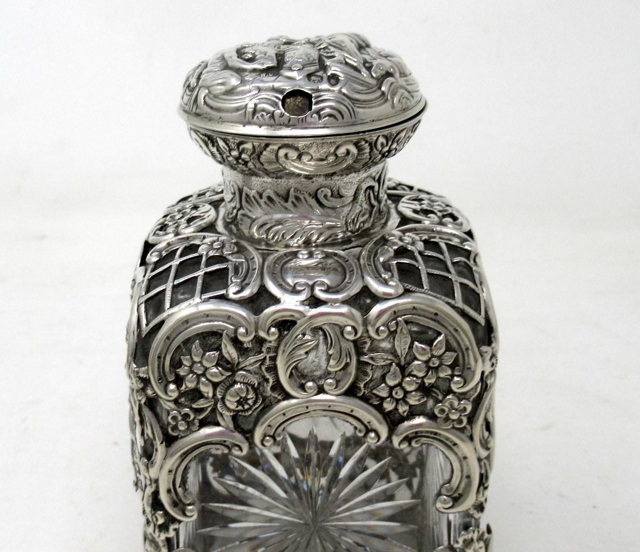 19th Century Pair Antique English Crystal Sterling Silver Scent Perfum Bottles William Comyns For Sale