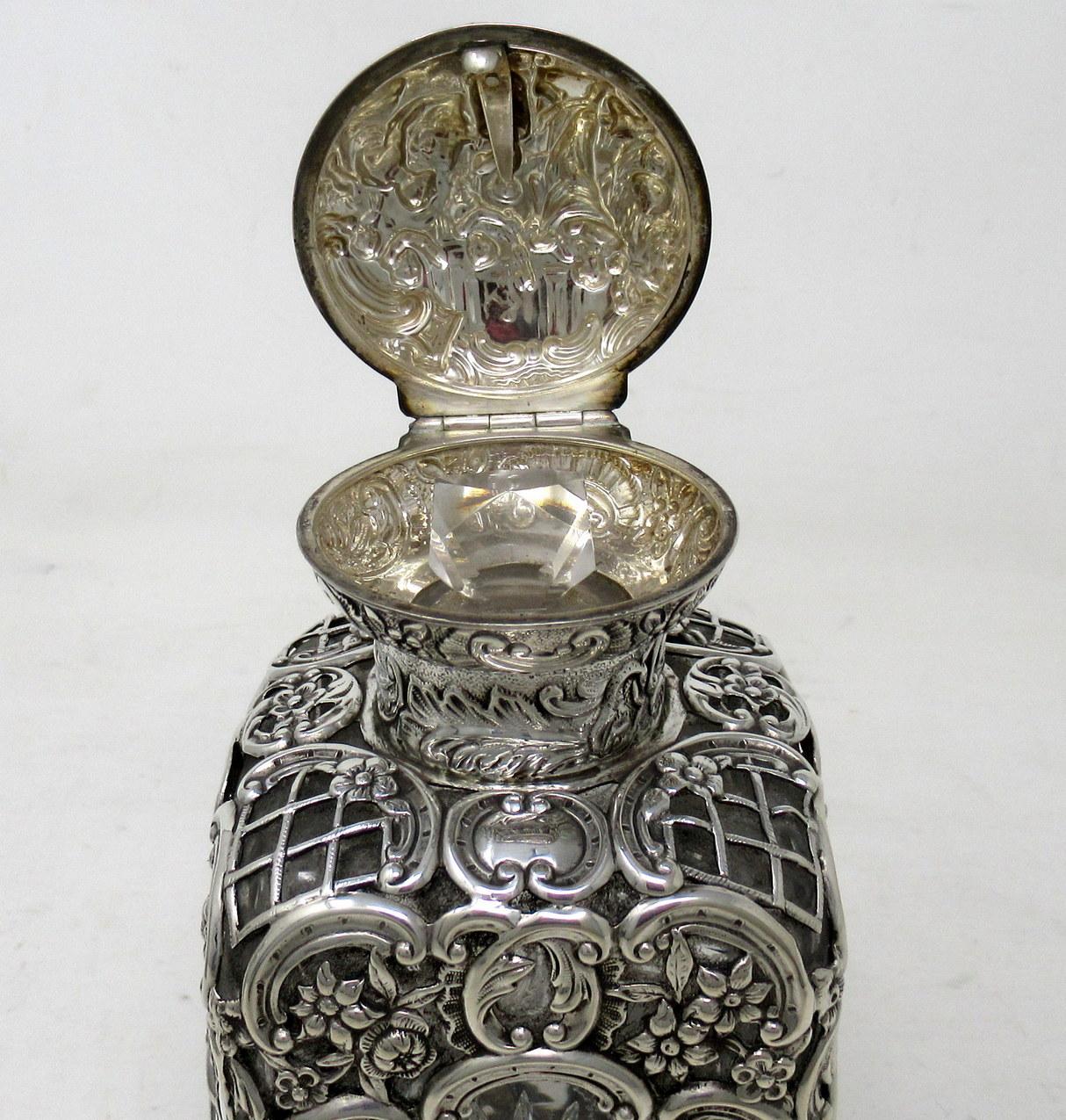 19th Century Pair Antique English Crystal Sterling Silver Scent Perfum Bottles William Comyns