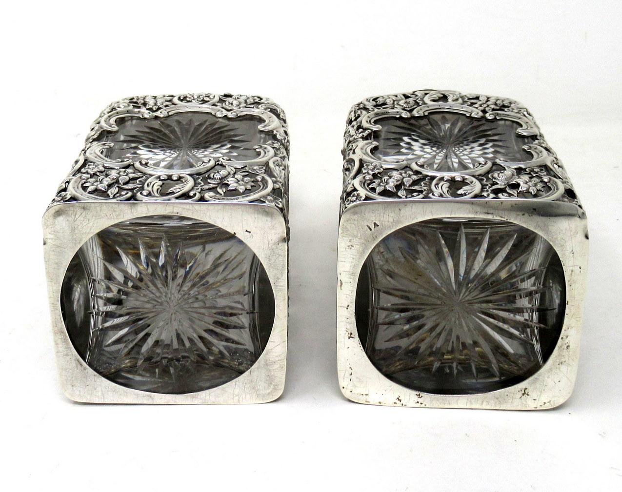 Pair Antique English Crystal Sterling Silver Scent Perfum Bottles William Comyns For Sale 2