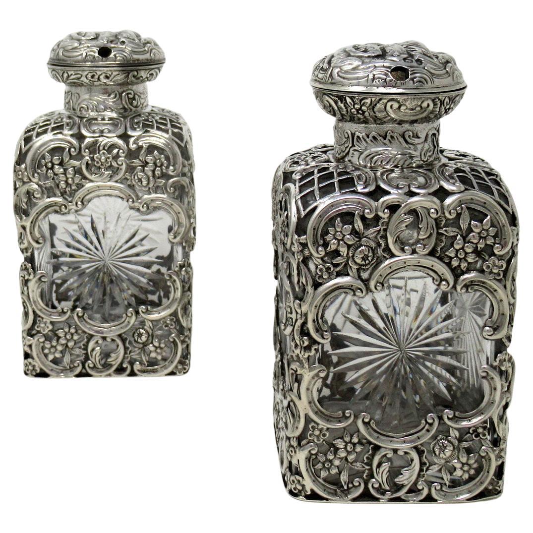 Pair Antique English Crystal Sterling Silver Scent Perfum Bottles William Comyns For Sale