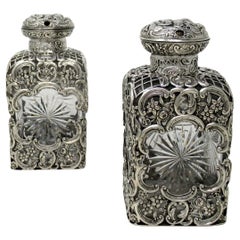 Pair Antique English Crystal Sterling Silver Scent Perfum Bottles William Comyns