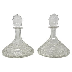 Pair Antique English Cut Crystal Wine Decanters, Circa 1940.