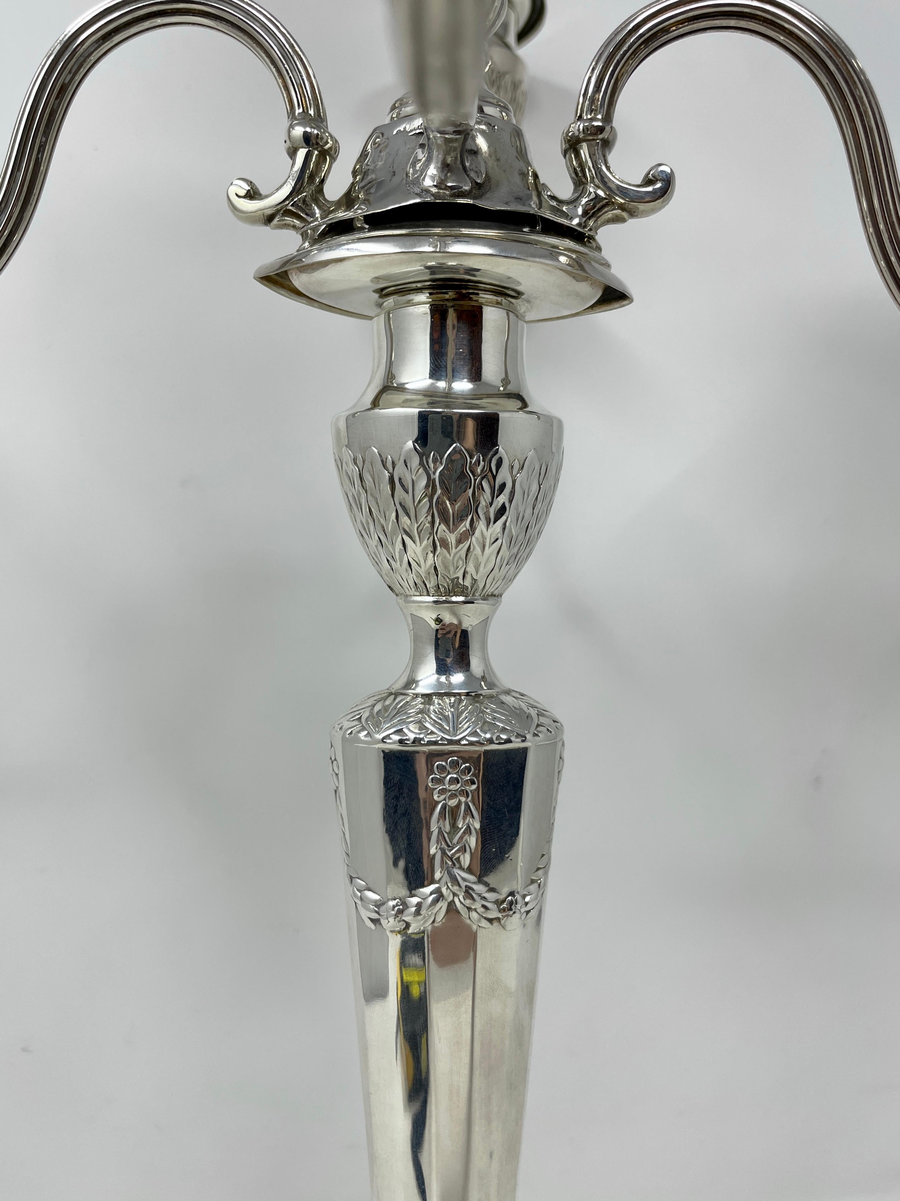 Silver Plate Pair Antique English Edwardian 5-Light Silver-Plated Candelabra, Circa 1900-1910 For Sale