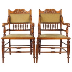 Antique English Edwardian Arts & Crafts Walnut Open Armchairs Desk Chairs, Pair	