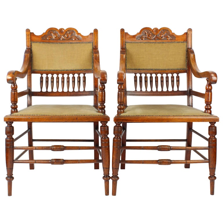 Antique English Edwardian Arts And Crafts Walnut Open Armchairs Desk Antique English Edwardian Arts Crafts Walnut Open Armchairs Desk Chairs Pair For