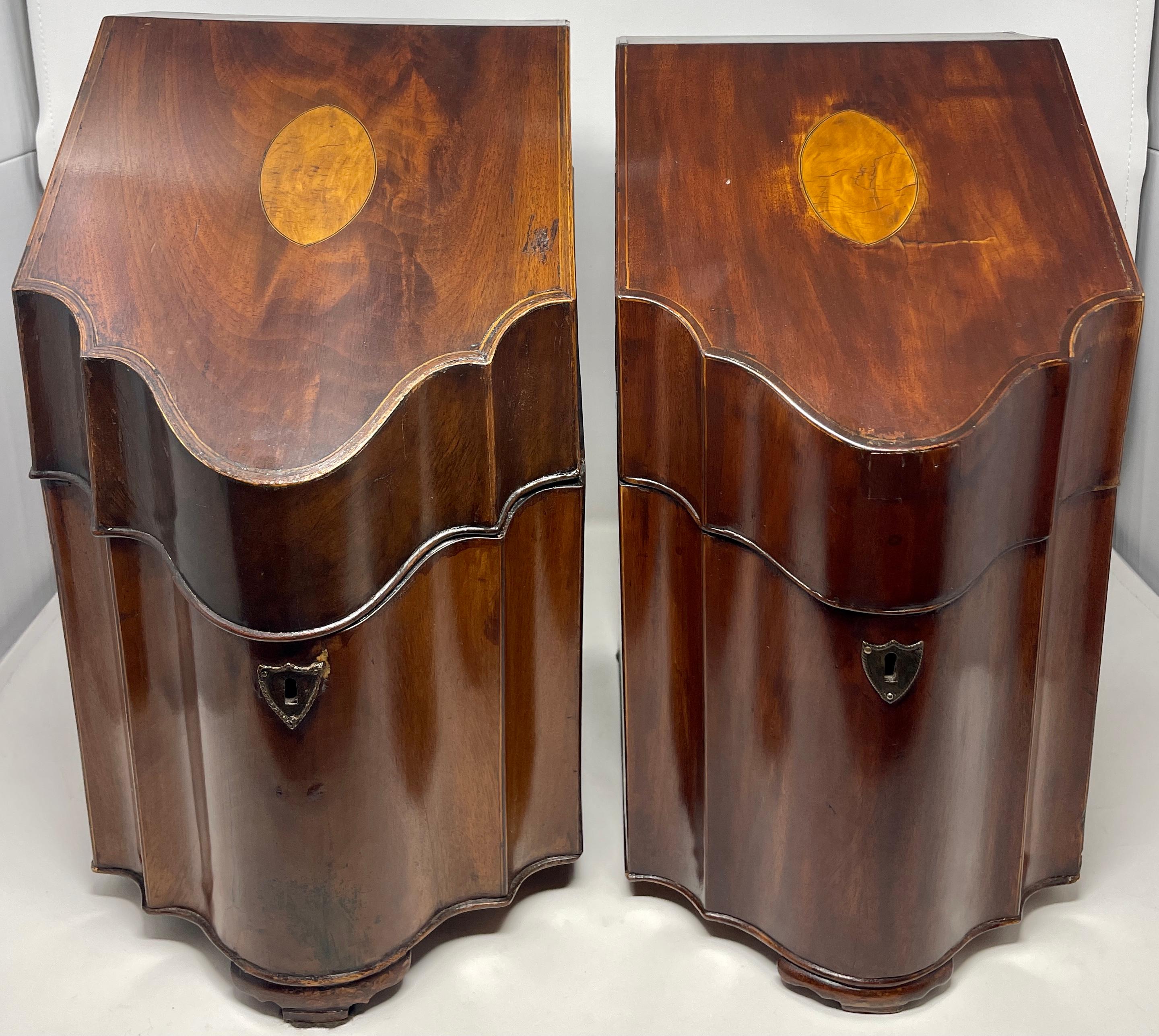 Pair Antique George III mahogany with inlay cutlery or knife boxes, circa 1820-1830.