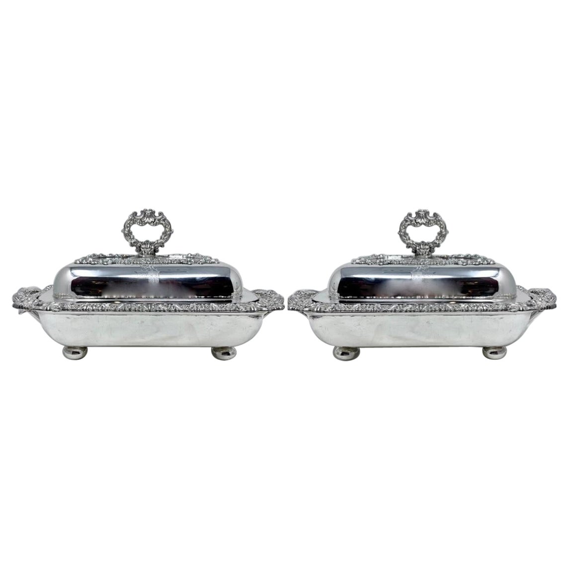 Pair Antique English Georgian Sheffield Silver Entree Dishes, Circa 1830