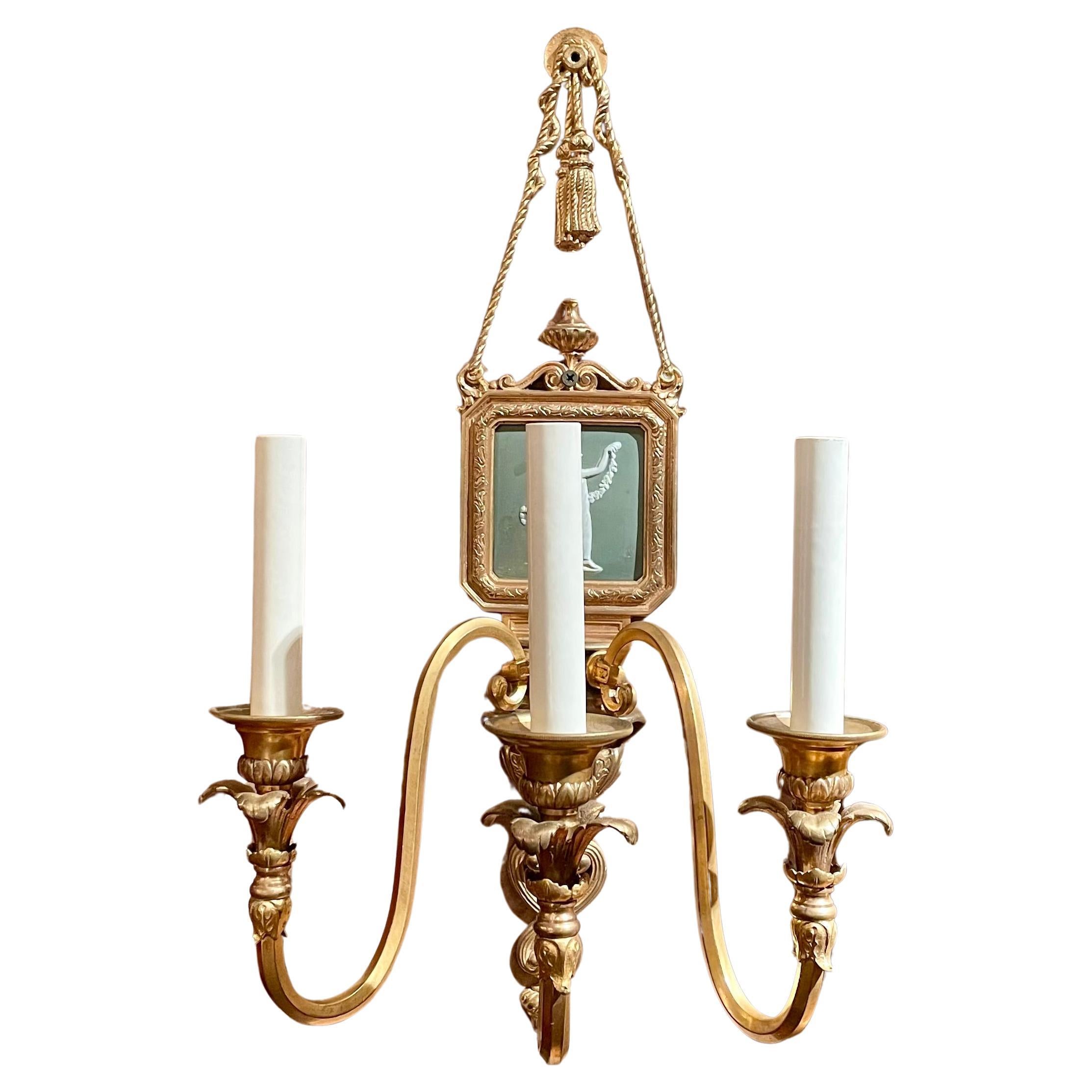 Pair Antique 19th century English Gold Bronze and Wedgwood Porcelain Wall Sconces, Circa 1890.
As per the last photo, we have a 2nd pair of near-identical wall sconces to these.