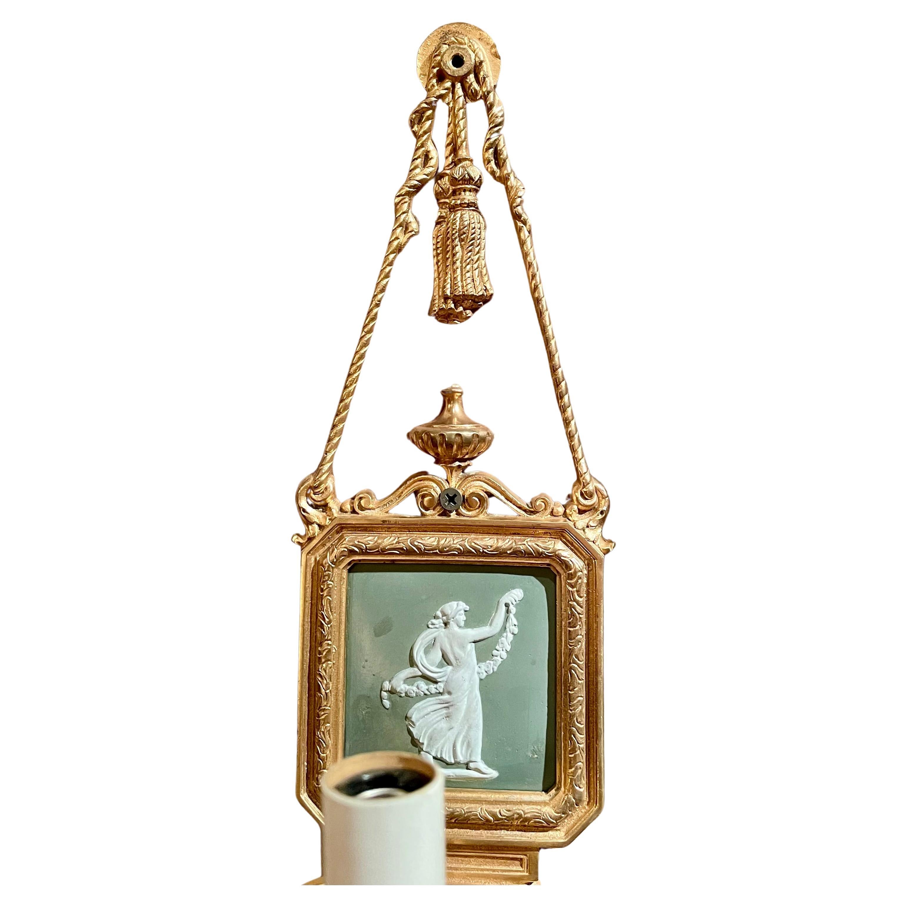 19th Century Pair Antique English Gold Bronze & Wedgwood Porcelain Wall Sconces, Circa 1890. For Sale