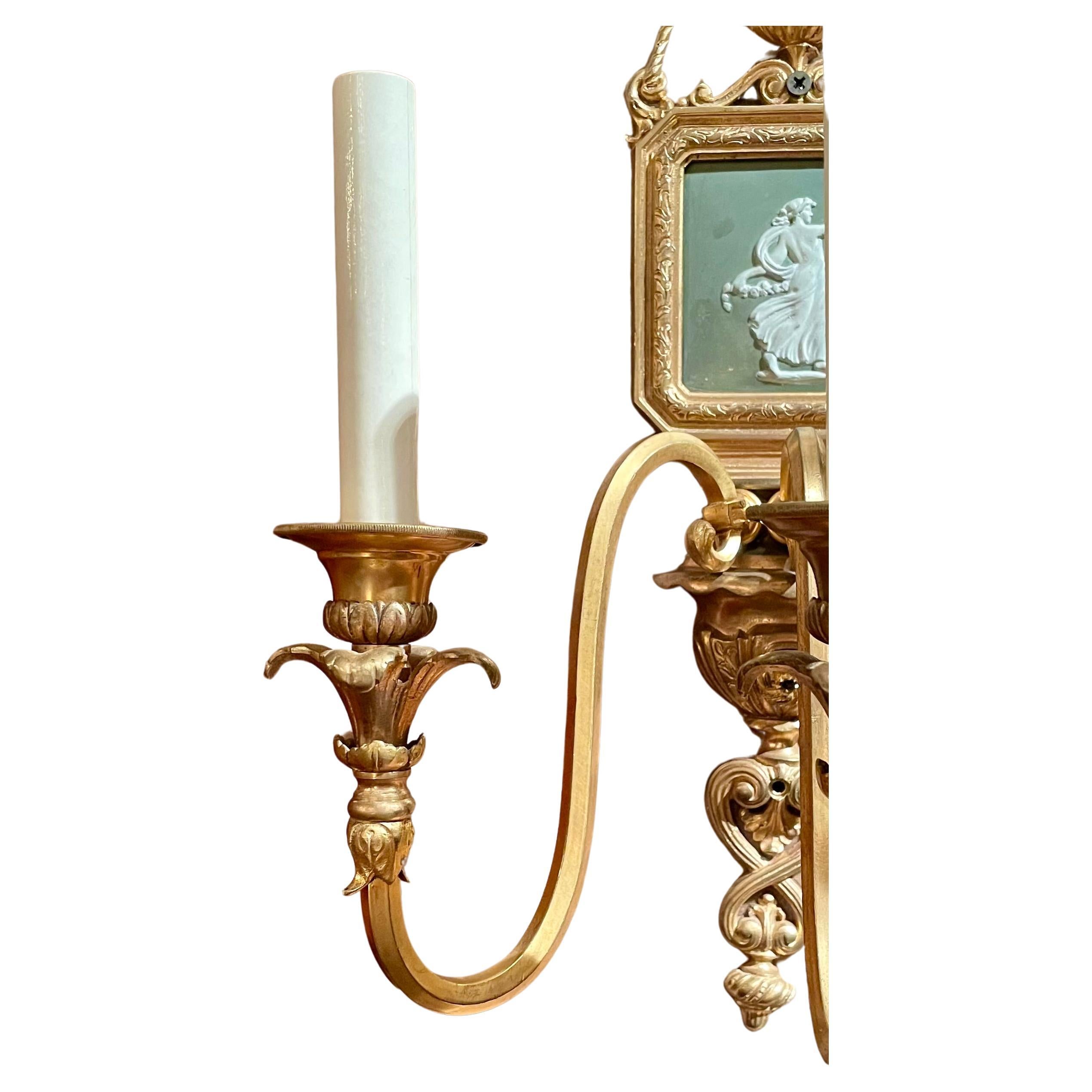 Pair Antique English Gold Bronze & Wedgwood Porcelain Wall Sconces, Circa 1890. For Sale 1