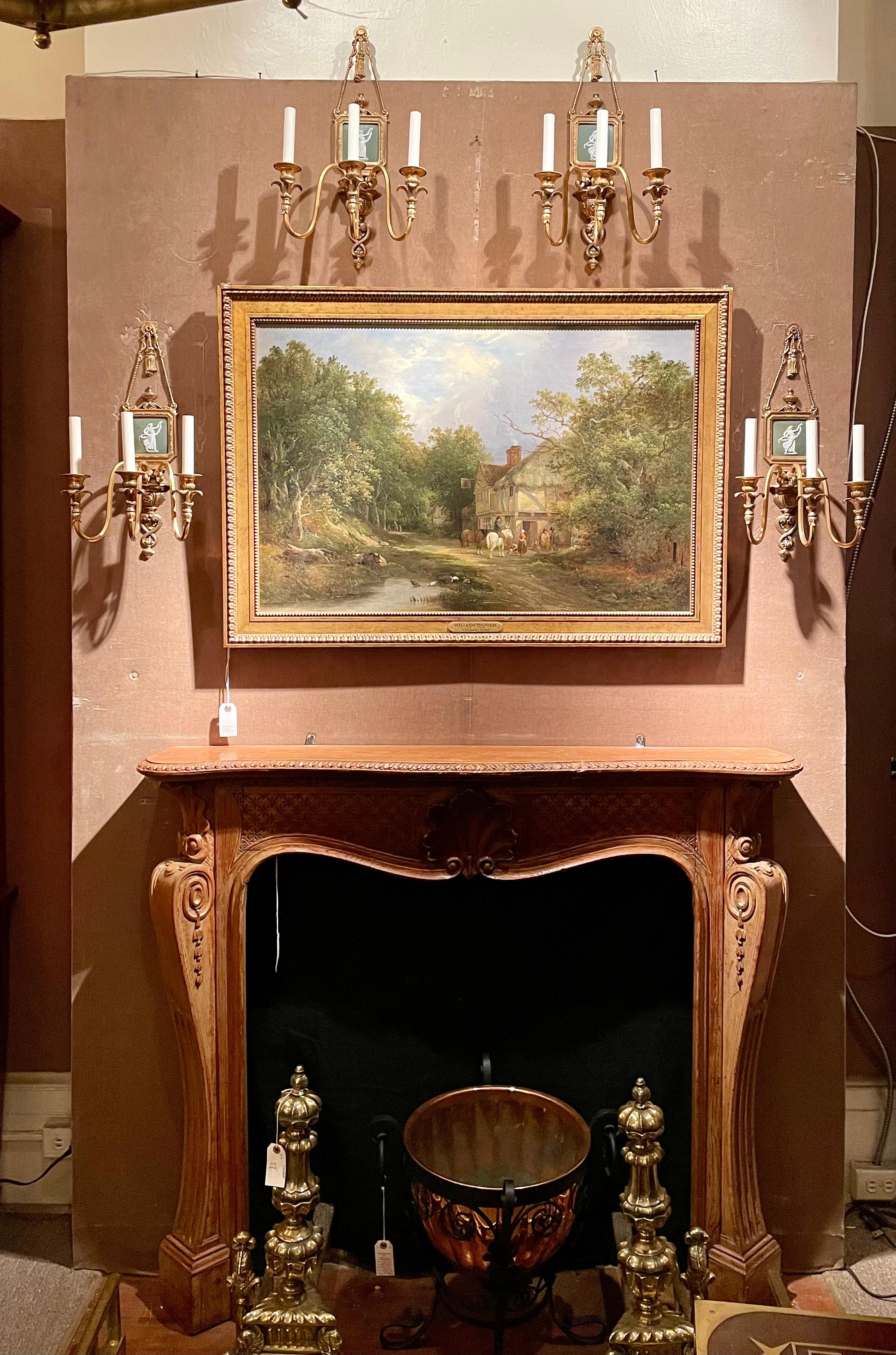 Pair Antique English Gold Bronze & Wedgwood Porcelain Wall Sconces, Circa 1890. For Sale 3
