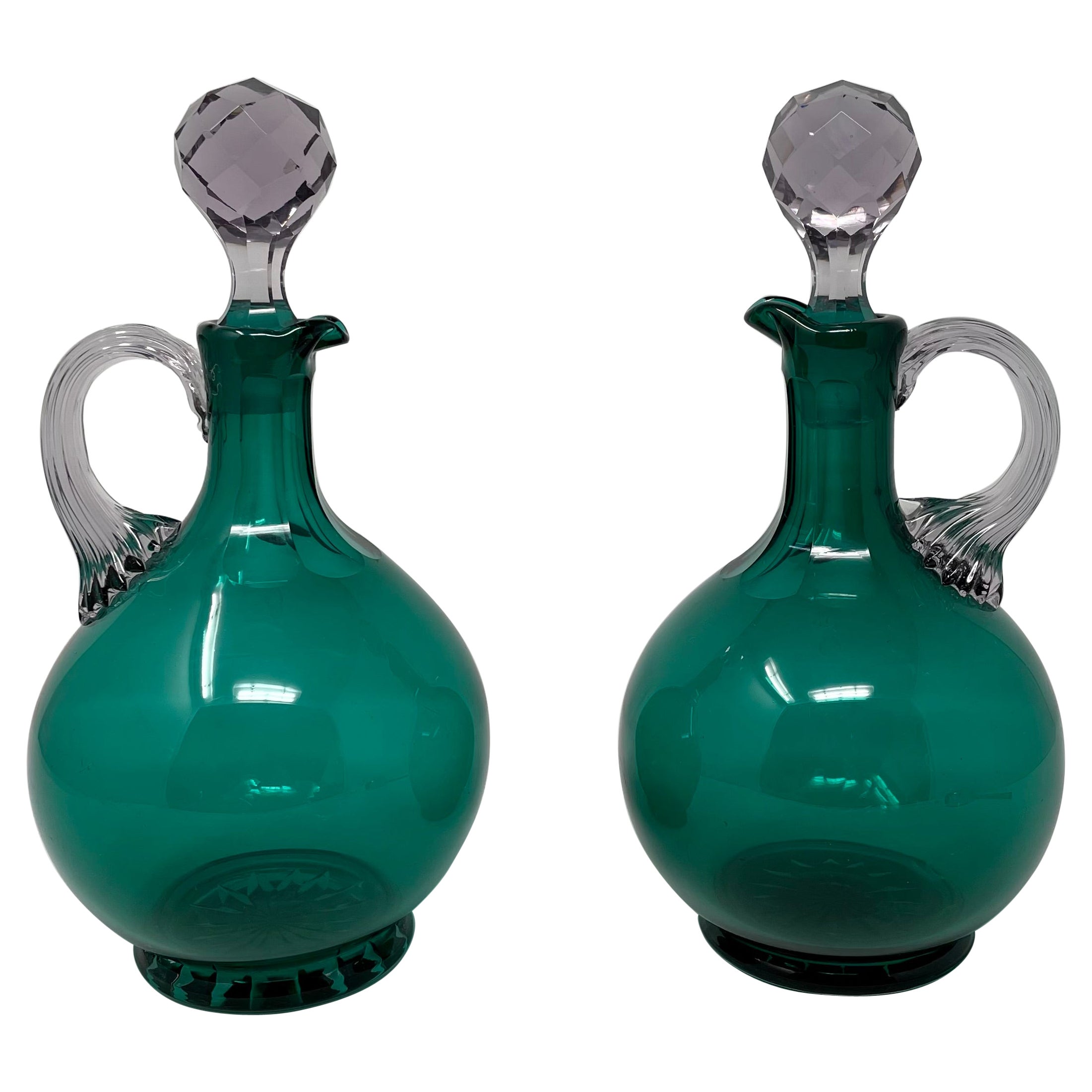 Pair Antique English Hand-Blown Green Glass Decanters, Circa 1900
s.