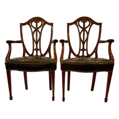 Pair Antique English Handsome Mahogany Shield Back Arm Chairs, Circa 1855-1865