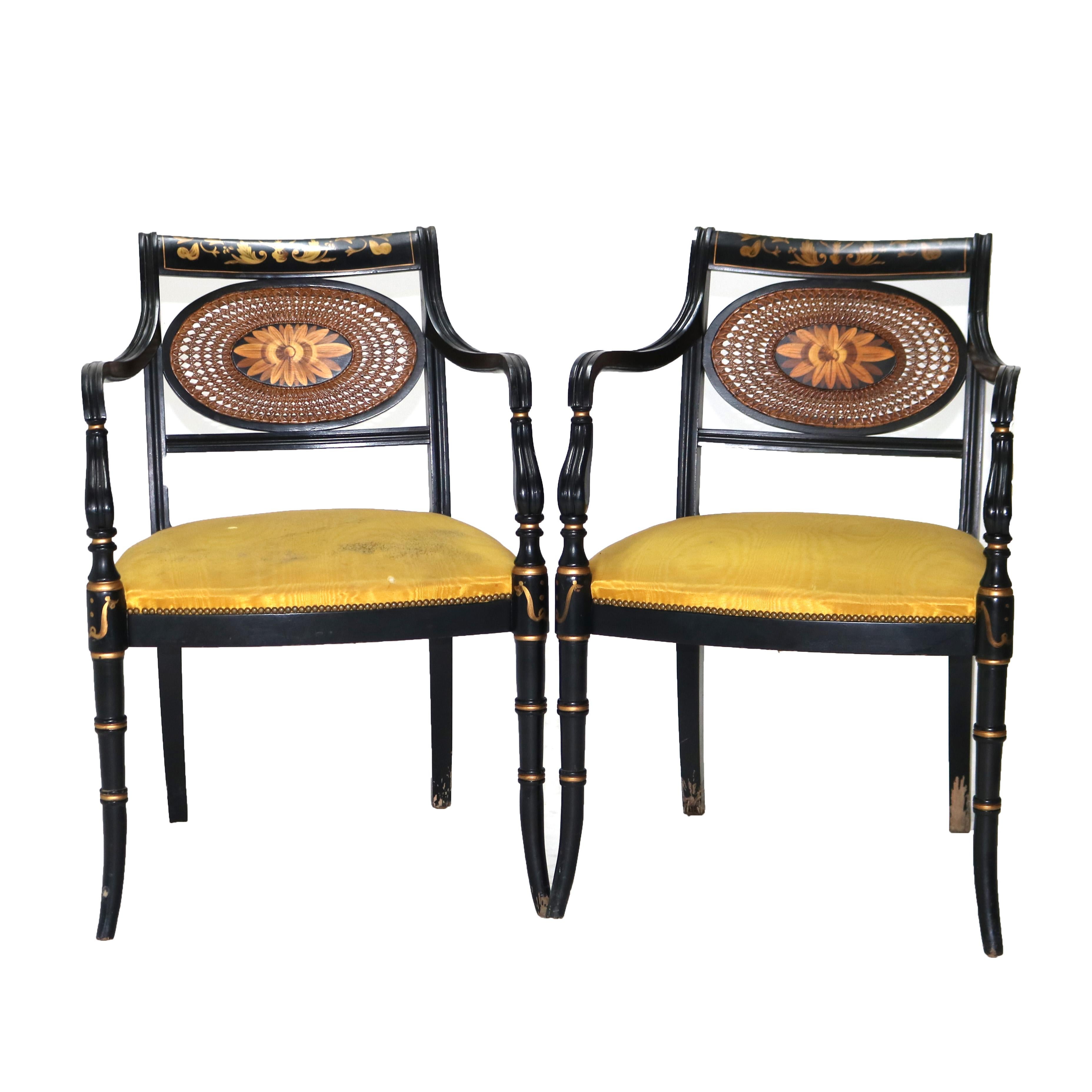 ***Reduced Delivery Rates - See Below or Click “Ask The Seller” to Request a Quote***

Pair Antique English Hitchcock Regency Style Ebonized, Cane & Gilt Armchairs C1930

Measures- 33.75
