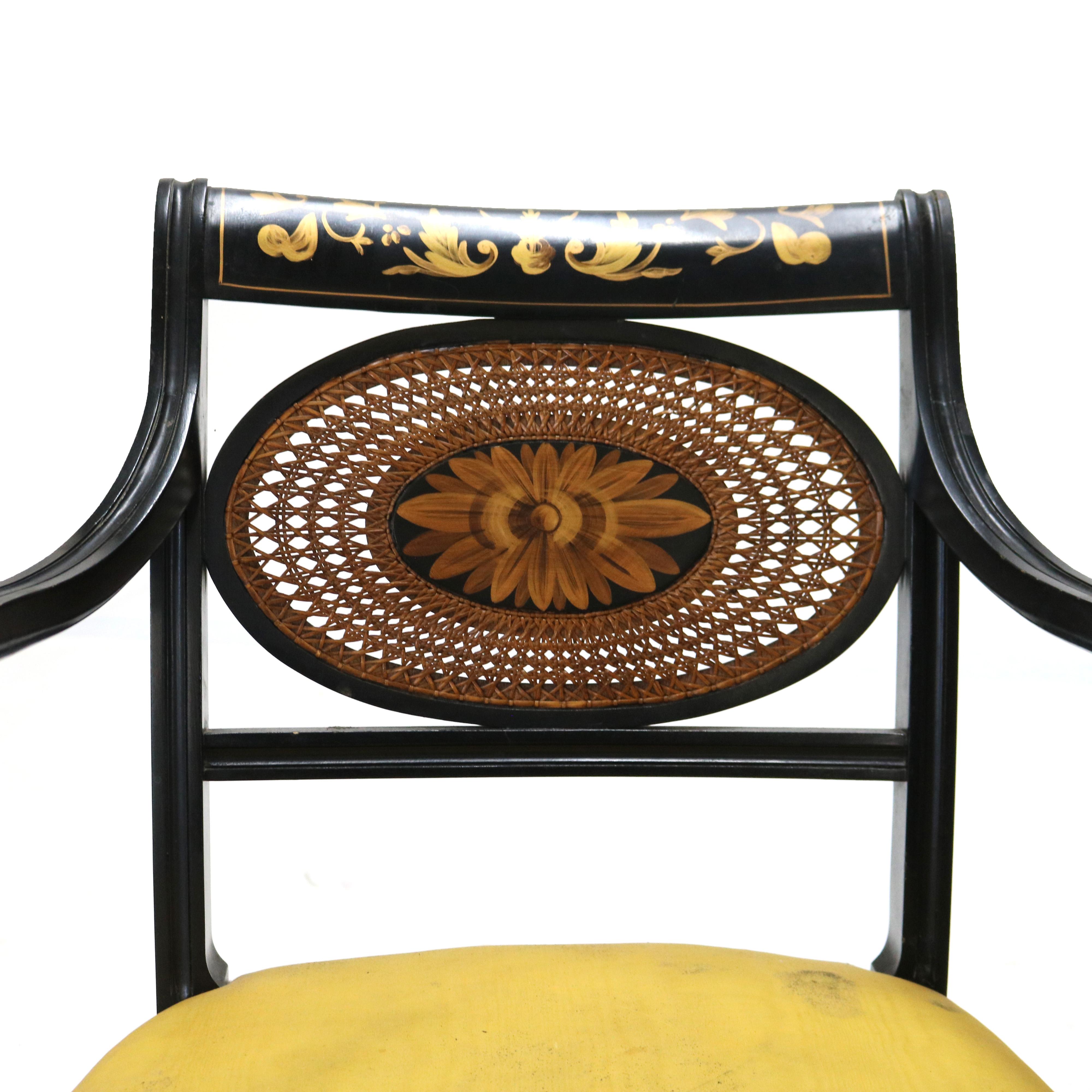 Pair Antique English Hitchcock Regency Style Ebonized, Cane & Gilt Armchairs In Good Condition In Big Flats, NY