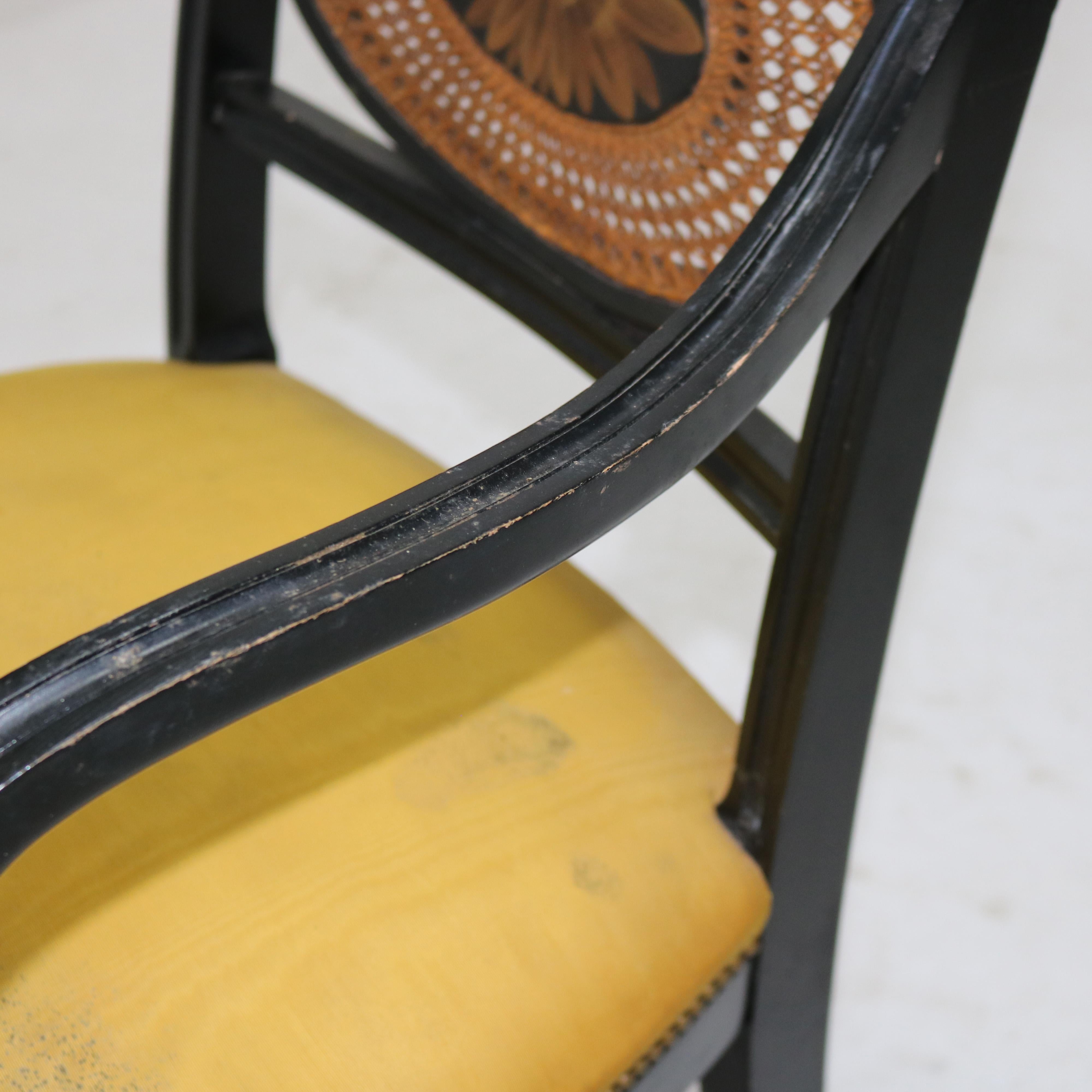 20th Century Pair Antique English Hitchcock Regency Style Ebonized, Cane & Gilt Armchairs