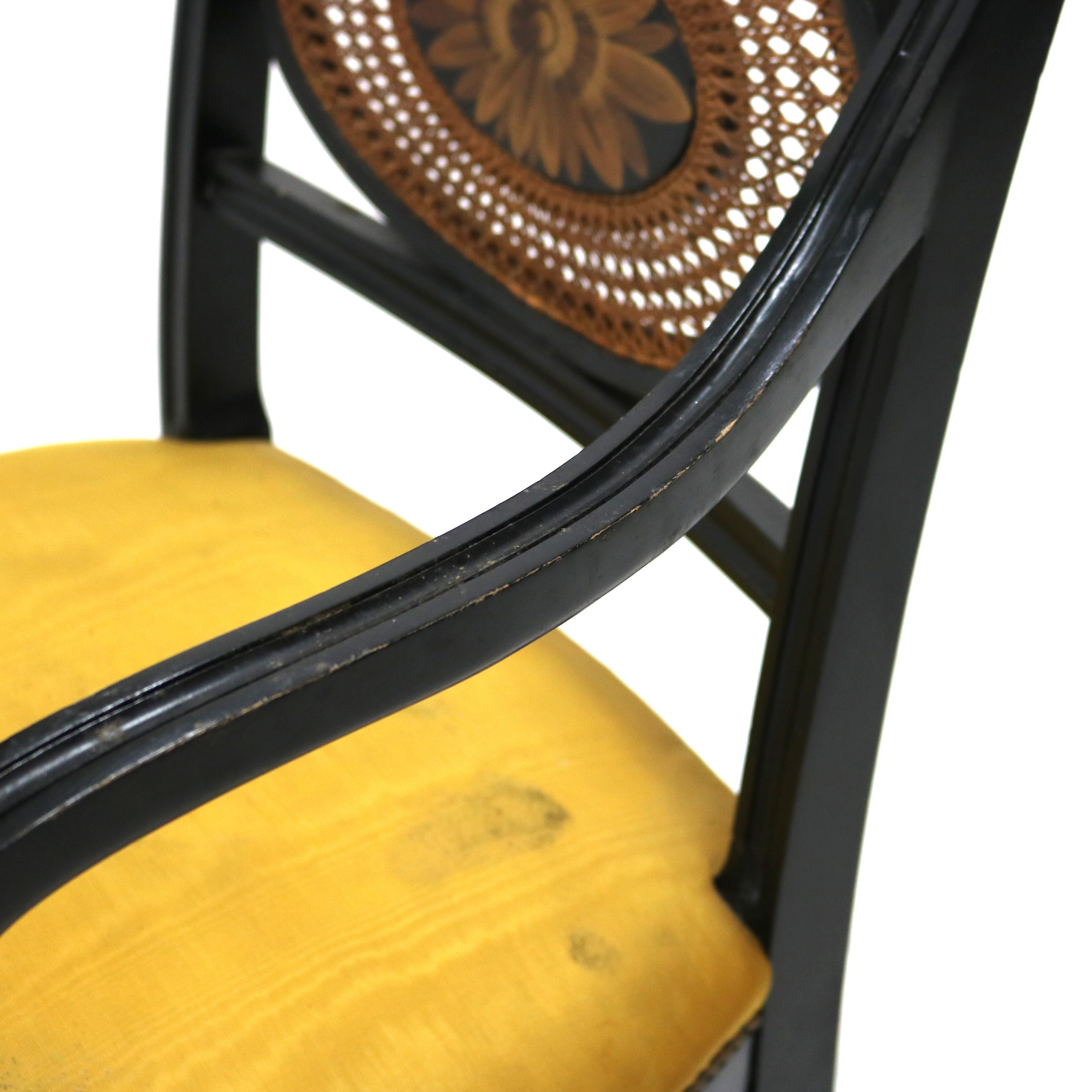 Paint Pair Antique English Hitchcock Regency Style Ebonized, Cane & Gilt Armchairs