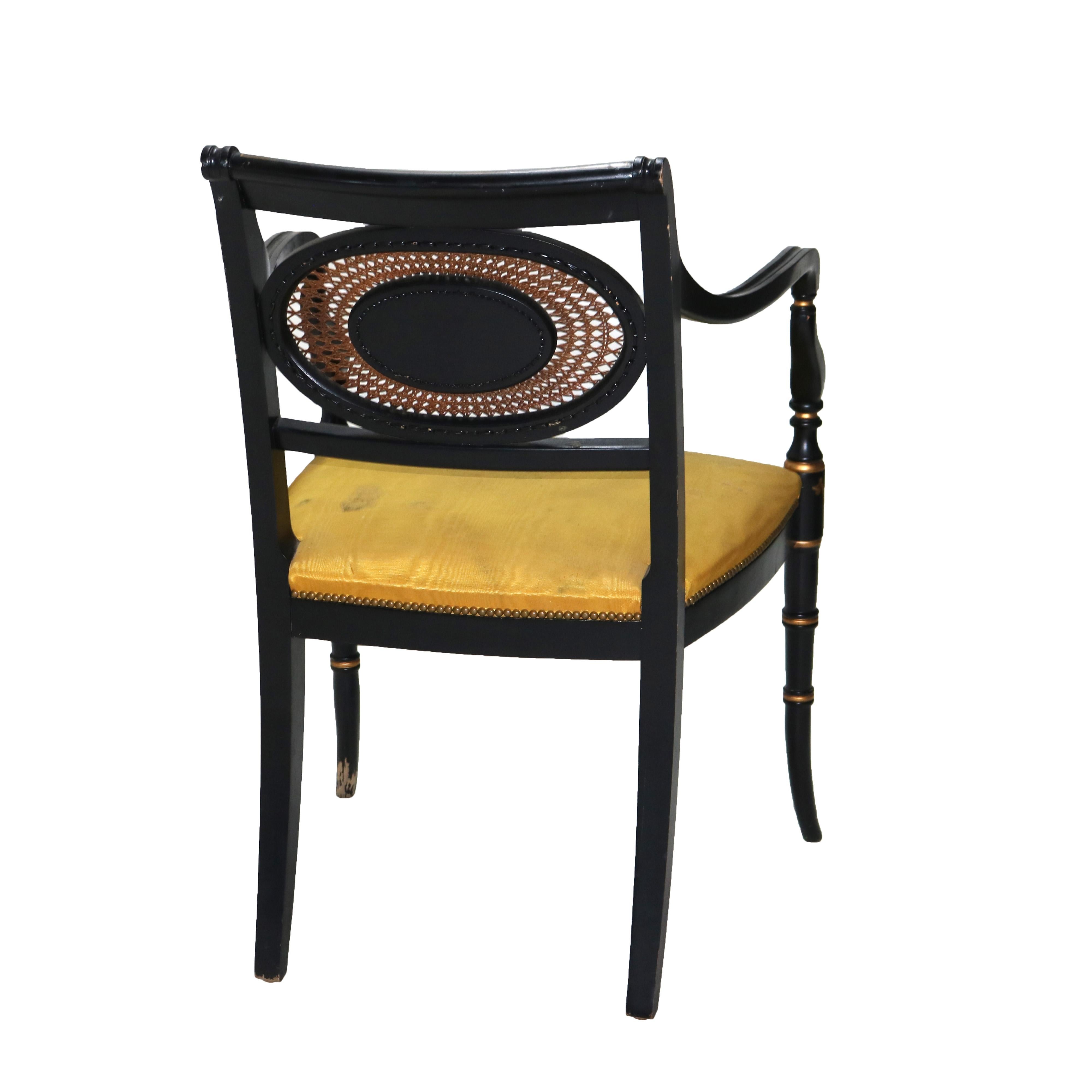 Pair Antique English Hitchcock Regency Style Ebonized, Cane & Gilt Armchairs 1