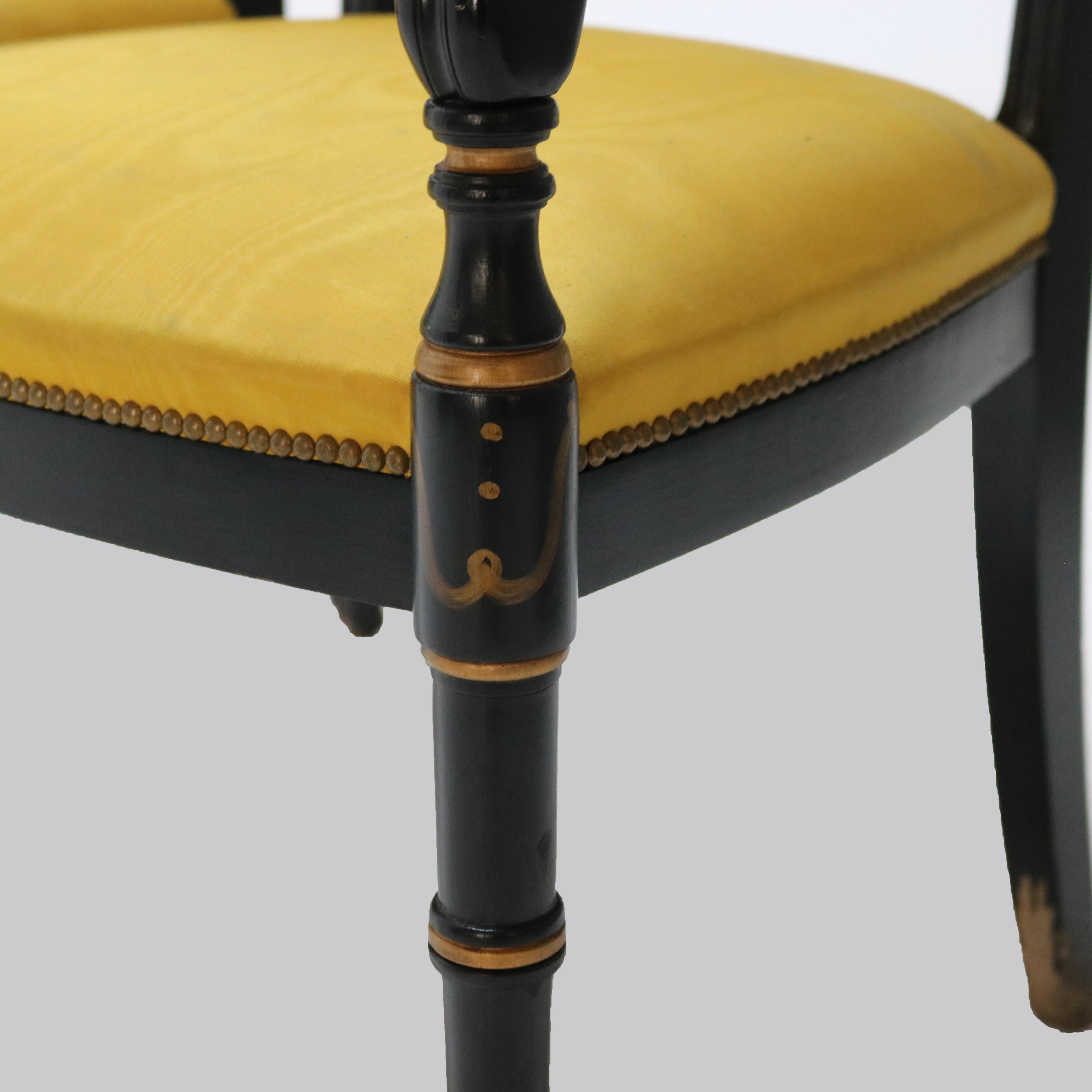 Pair Antique English Hitchcock Regency Style Ebonized, Cane & Gilt Armchairs 3