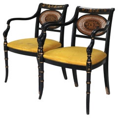 Pair Antique English Hitchcock Regency Style Ebonized, Cane & Gilt Armchairs