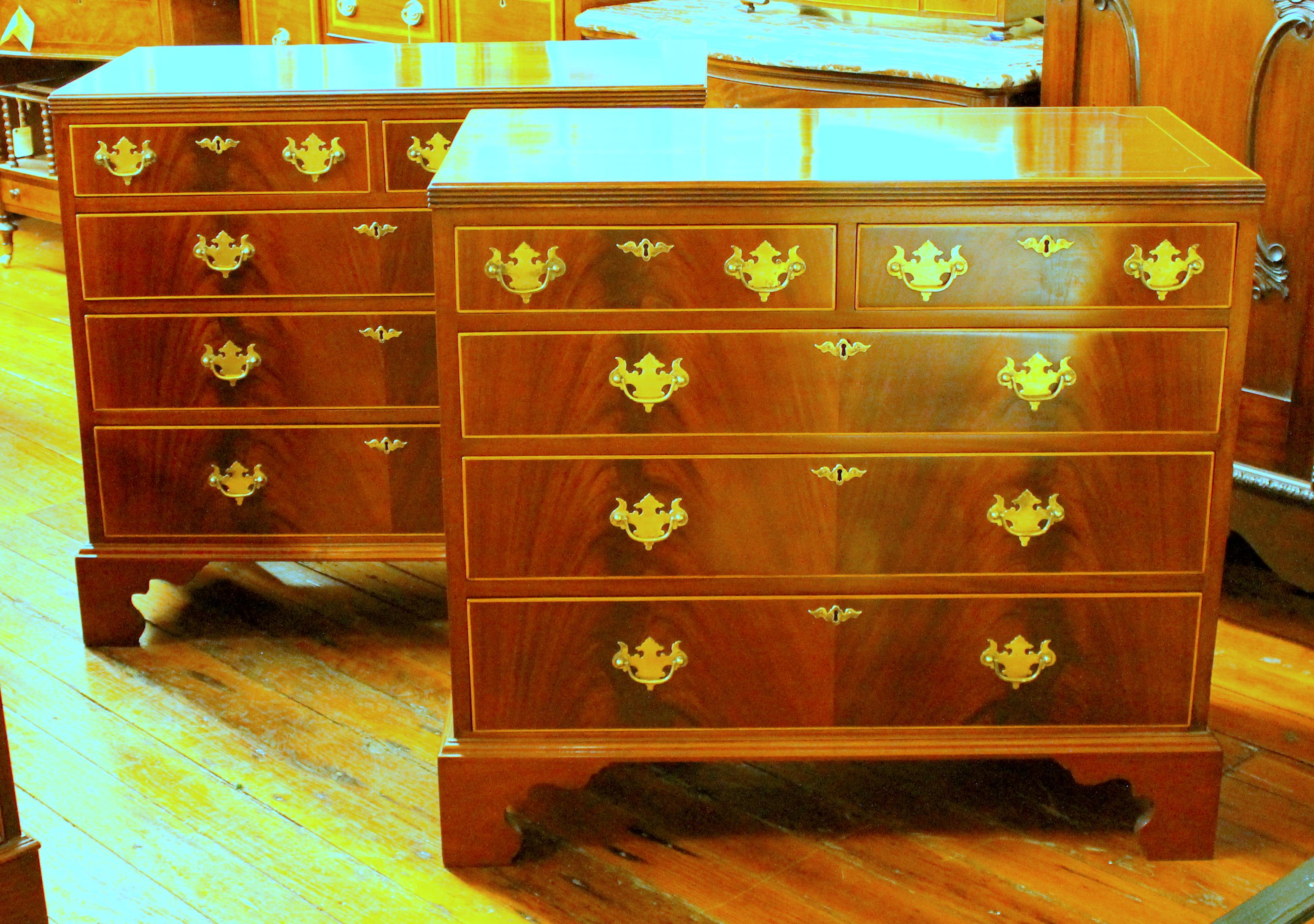 George IV Antique English Inlaid Book-Matched Crotch Mahogany Low Chests of Drawers, Pair 