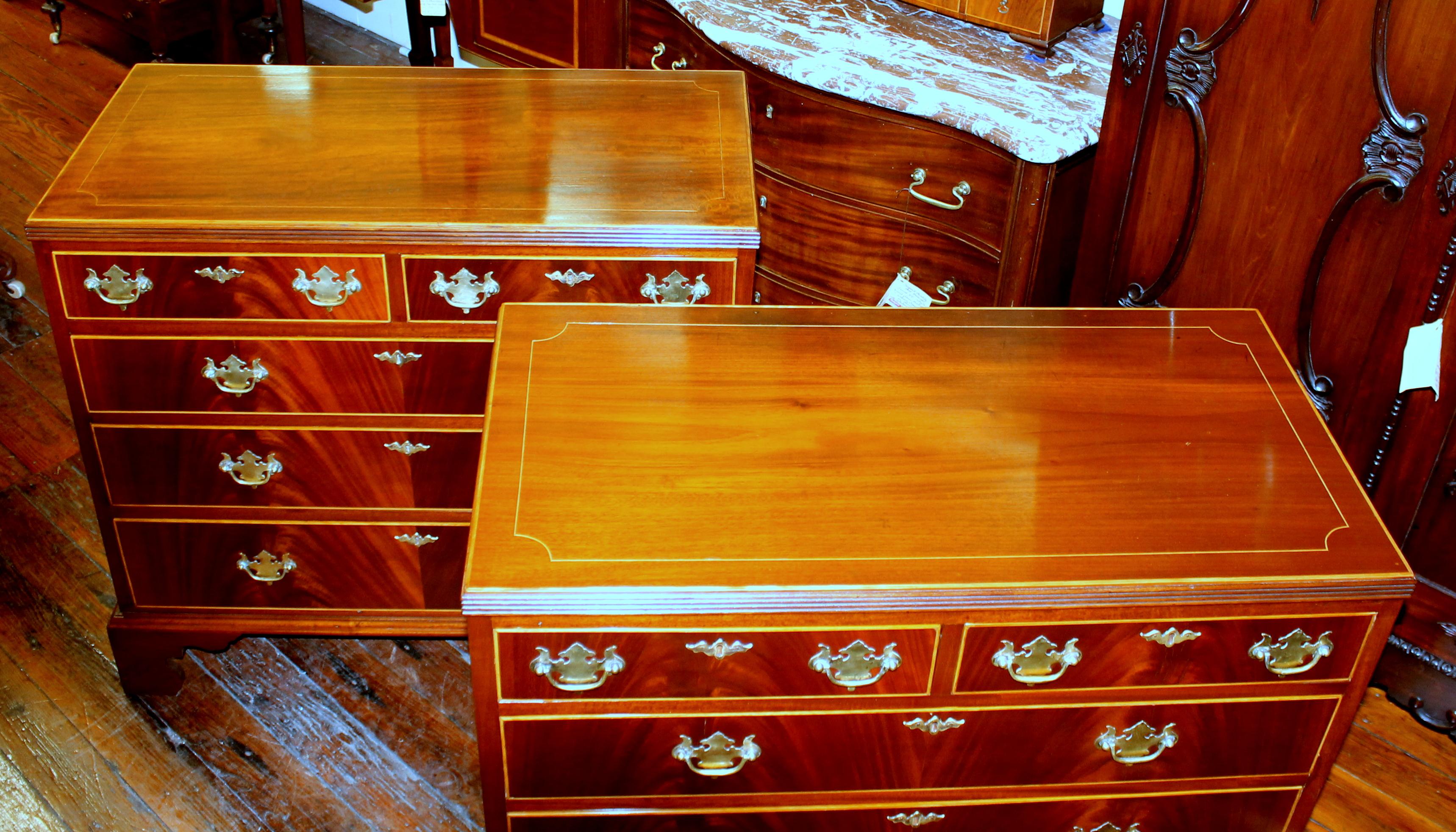 Inlay Antique English Inlaid Book-Matched Crotch Mahogany Low Chests of Drawers, Pair 