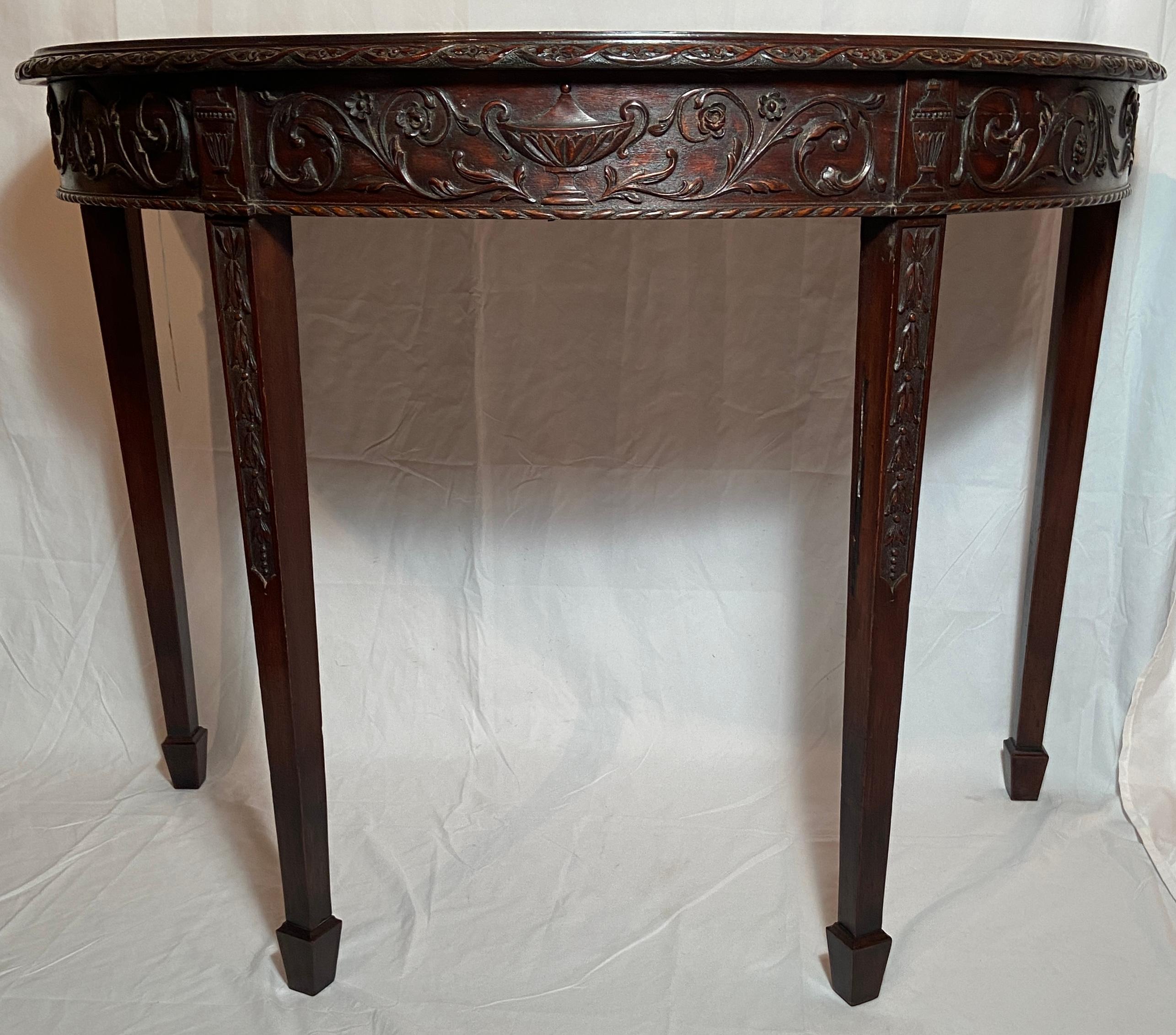 Pair antique English Inlaid Mahogany Demi-Lune console tables, Circa 1880's.
