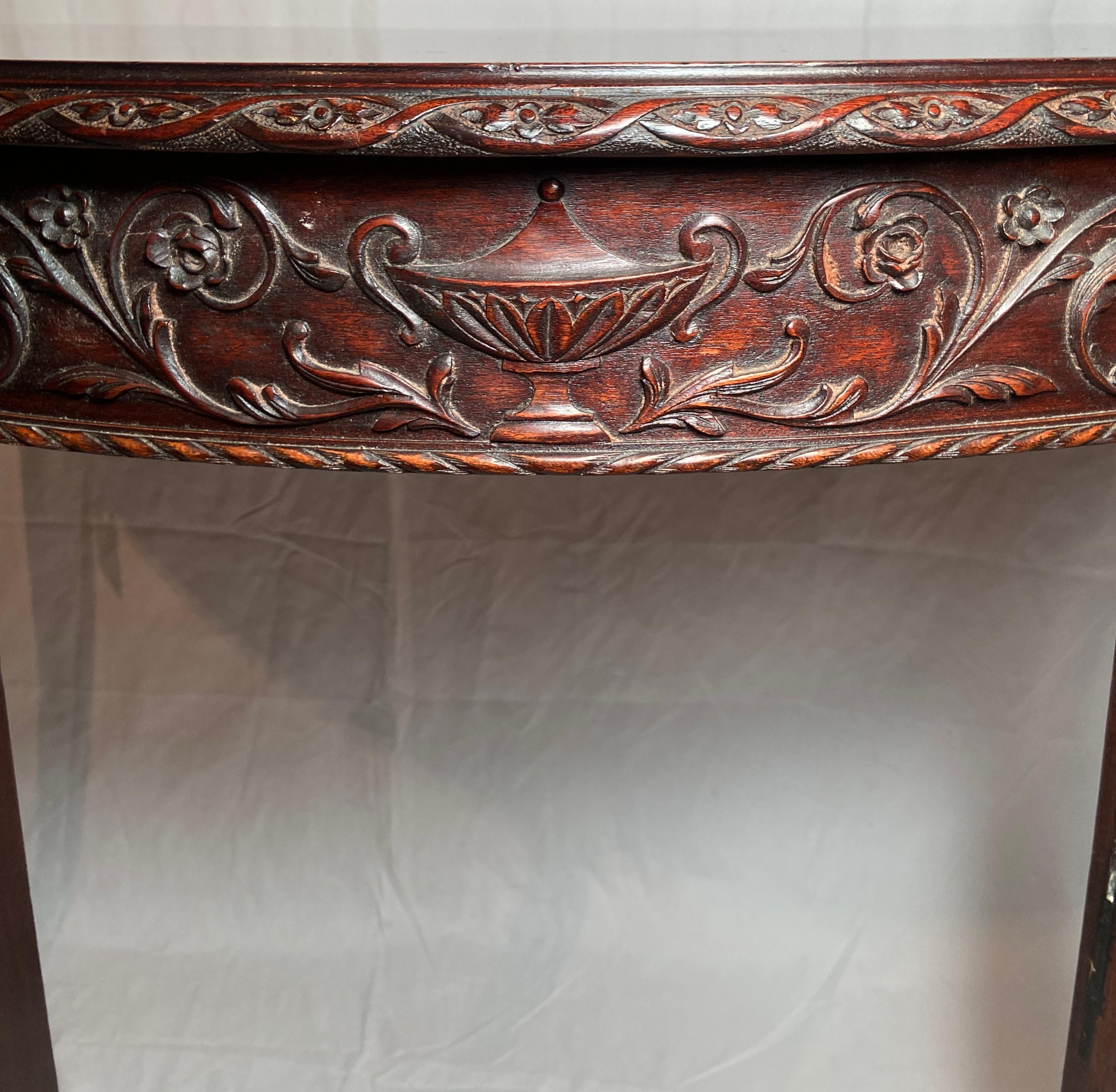 Pair Antique English Inlaid Mahogany Demi-Lune Console Tables, Circa 1880's. In Good Condition For Sale In New Orleans, LA