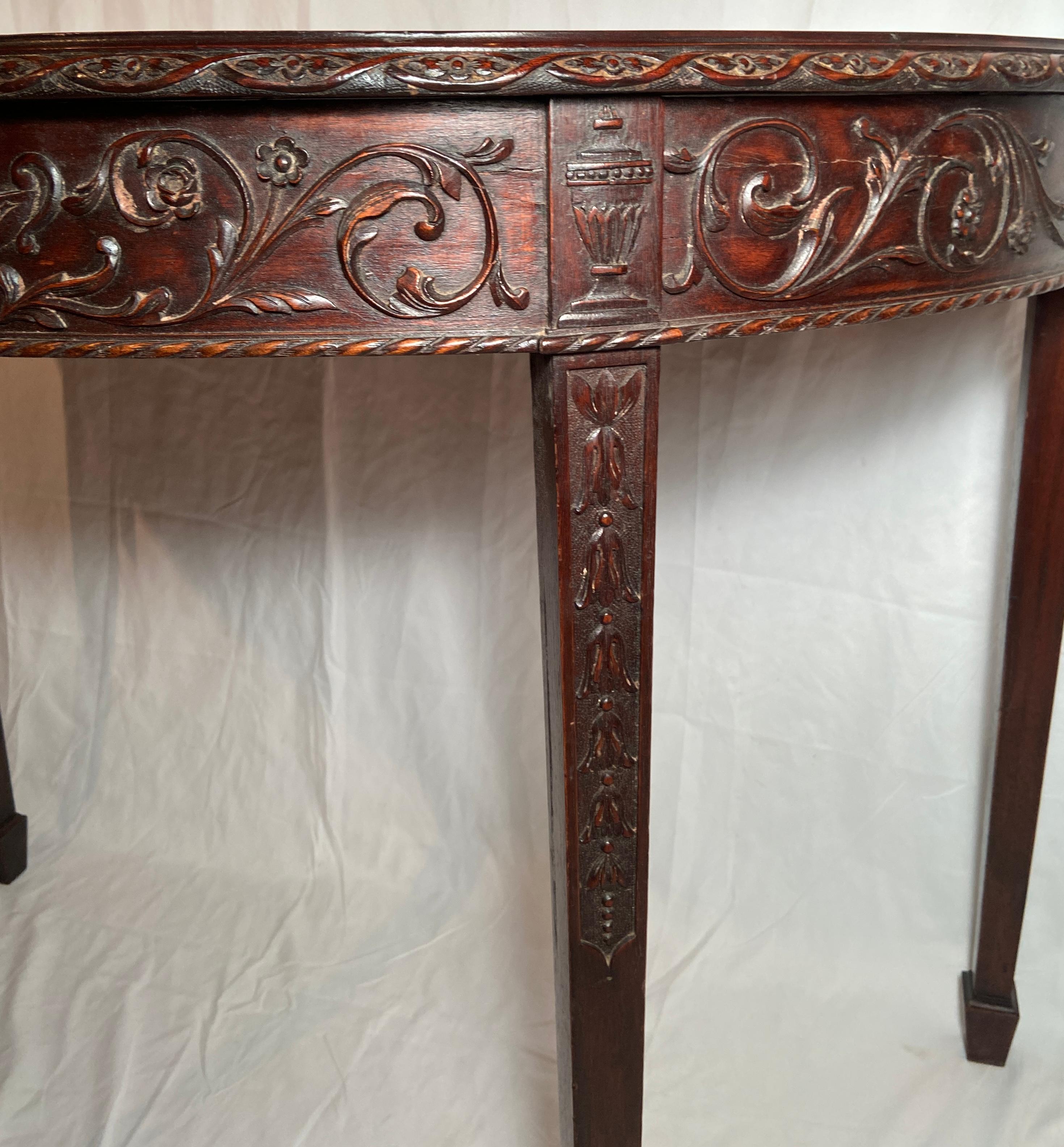 19th Century Pair Antique English Inlaid Mahogany Demi-Lune Console Tables, Circa 1880's. For Sale