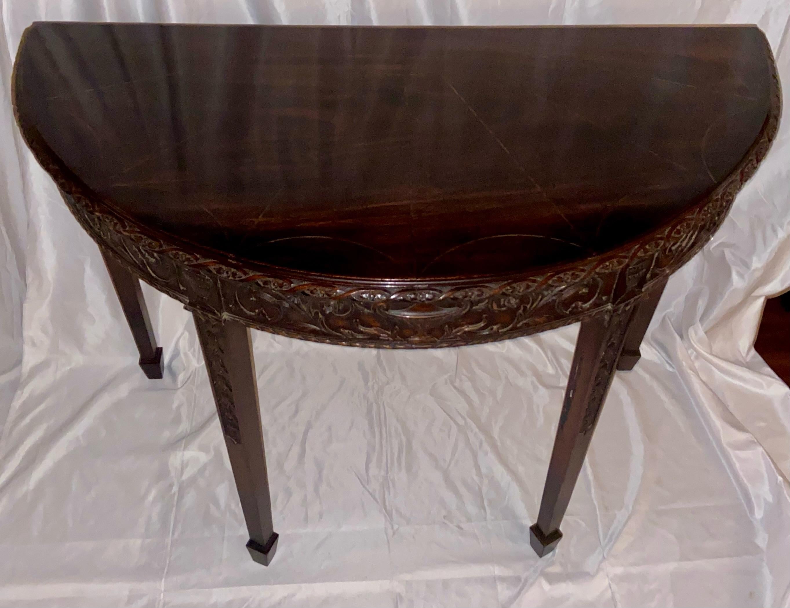 Pair Antique English Inlaid Mahogany Demi-Lune Console Tables, Circa 1880's. For Sale 1