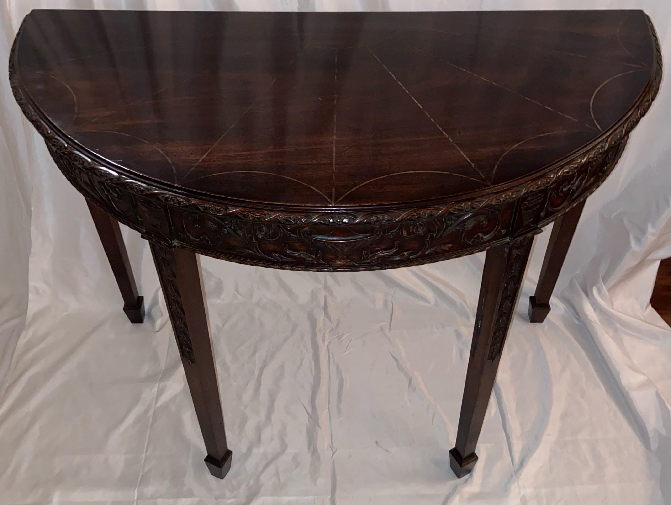 Pair Antique English Inlaid Mahogany Demi-Lune Console Tables, Circa 1880's. For Sale 2
