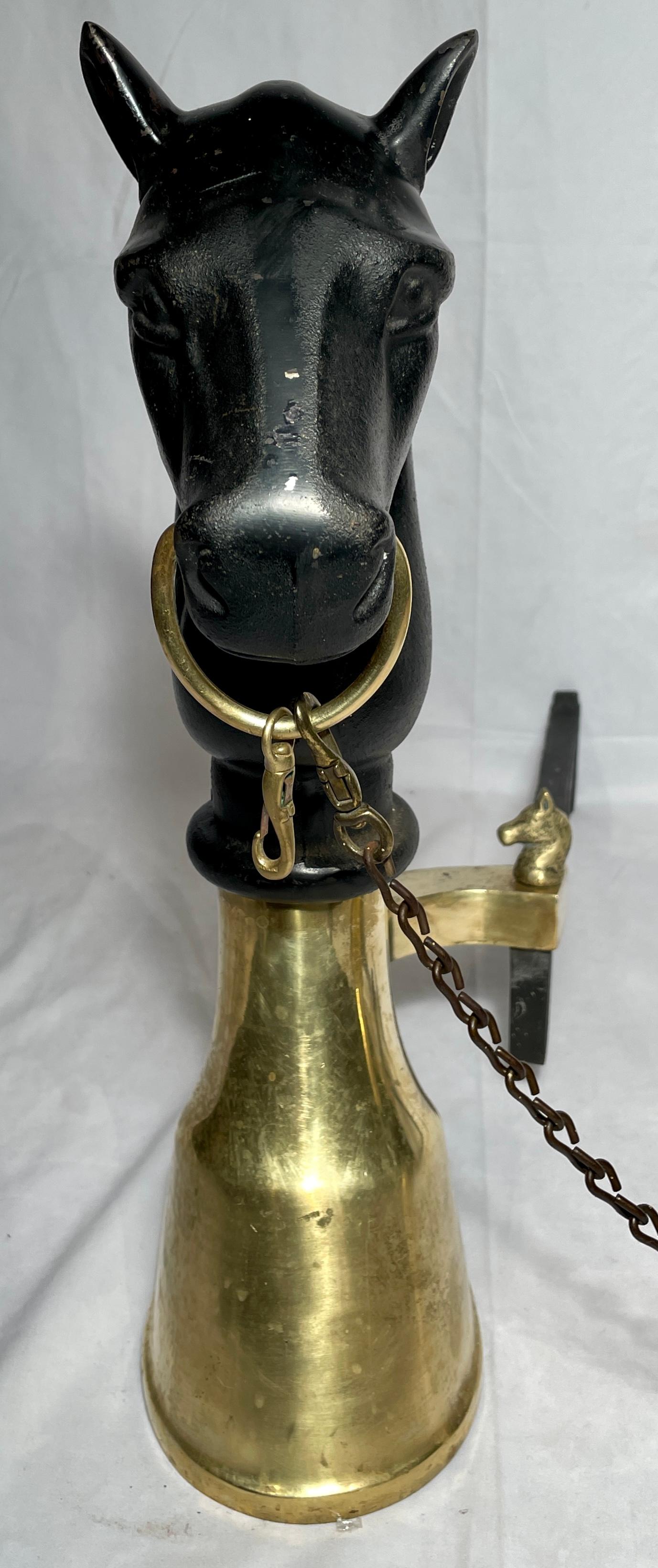 Pair antique English iron and brass horse andirons.