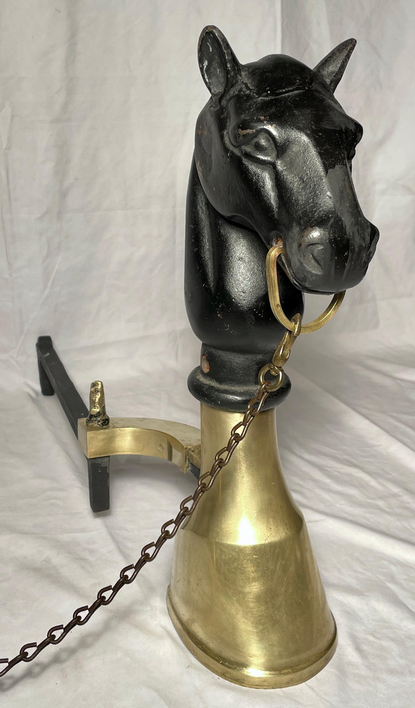Pair Antique English Iron and Brass Horse Andirons In Good Condition For Sale In New Orleans, LA