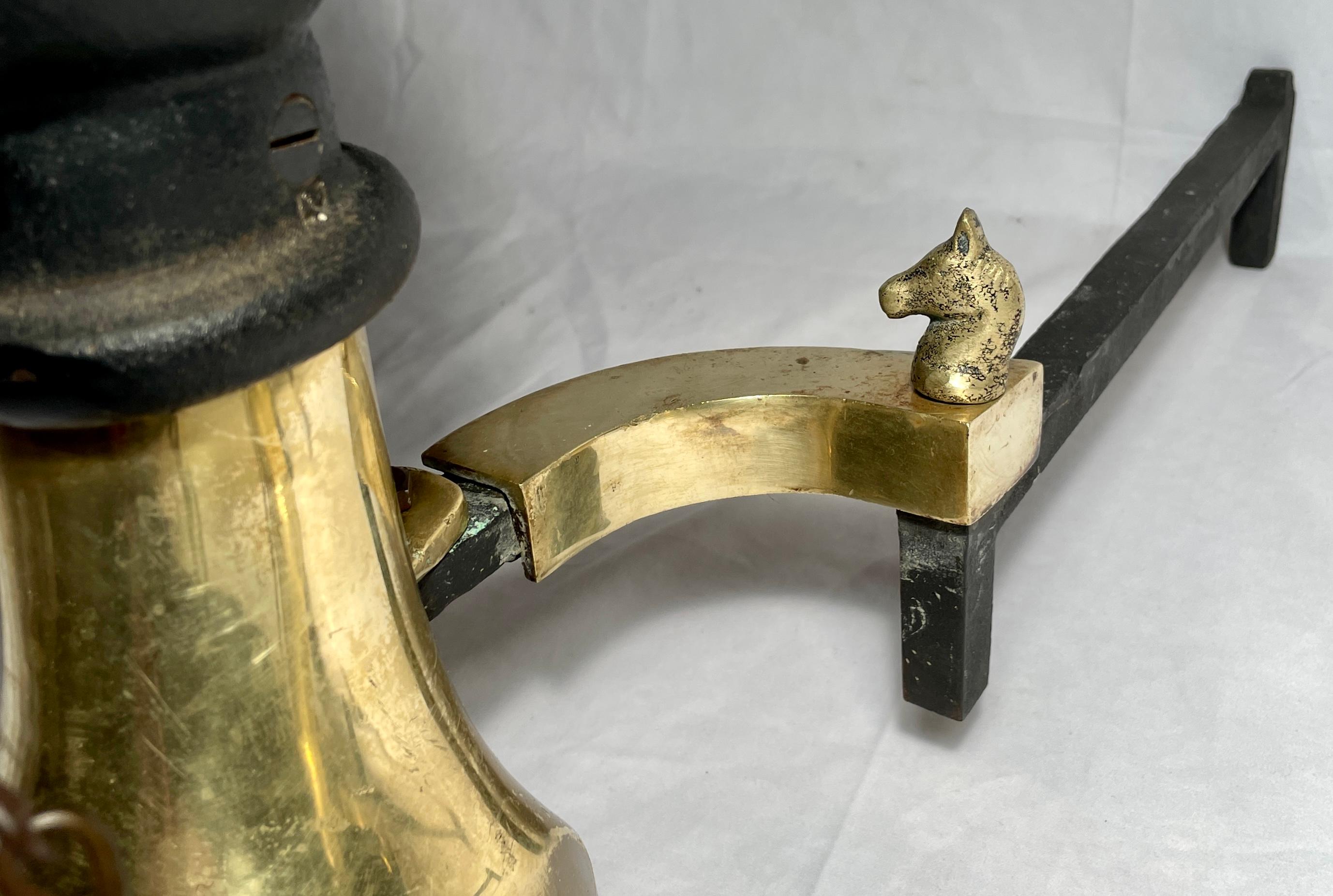 19th Century Pair Antique English Iron and Brass Horse Andirons For Sale