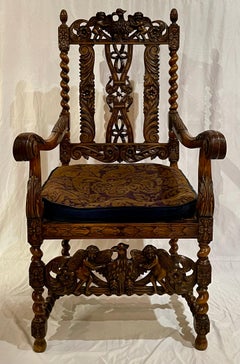 Pair Antique English Jacobean Carved Walnut Armchairs, Circa 1880's.
