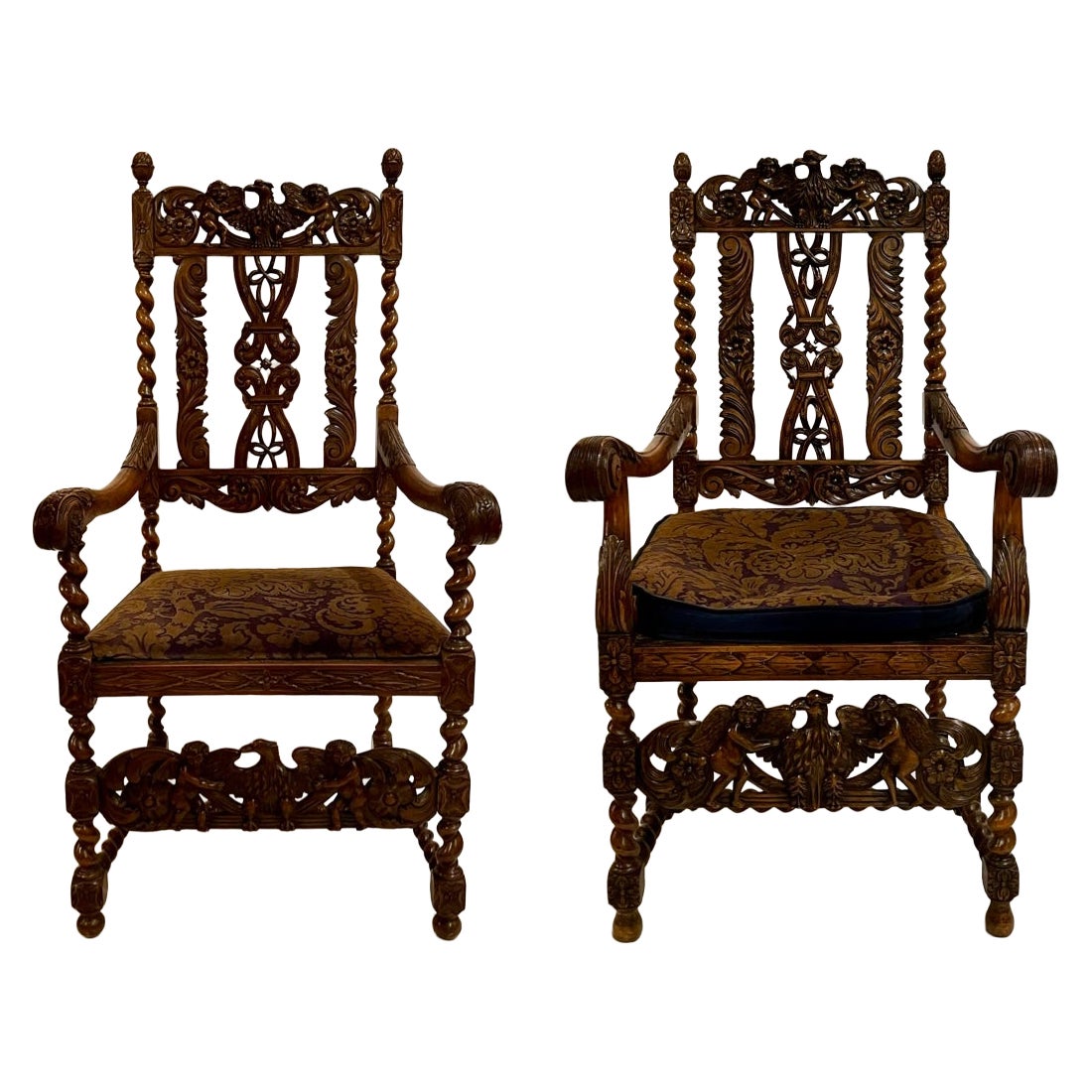 Pair Antique English Jacobean Carved Walnut Armchairs, Circa 1880
s. For Sale